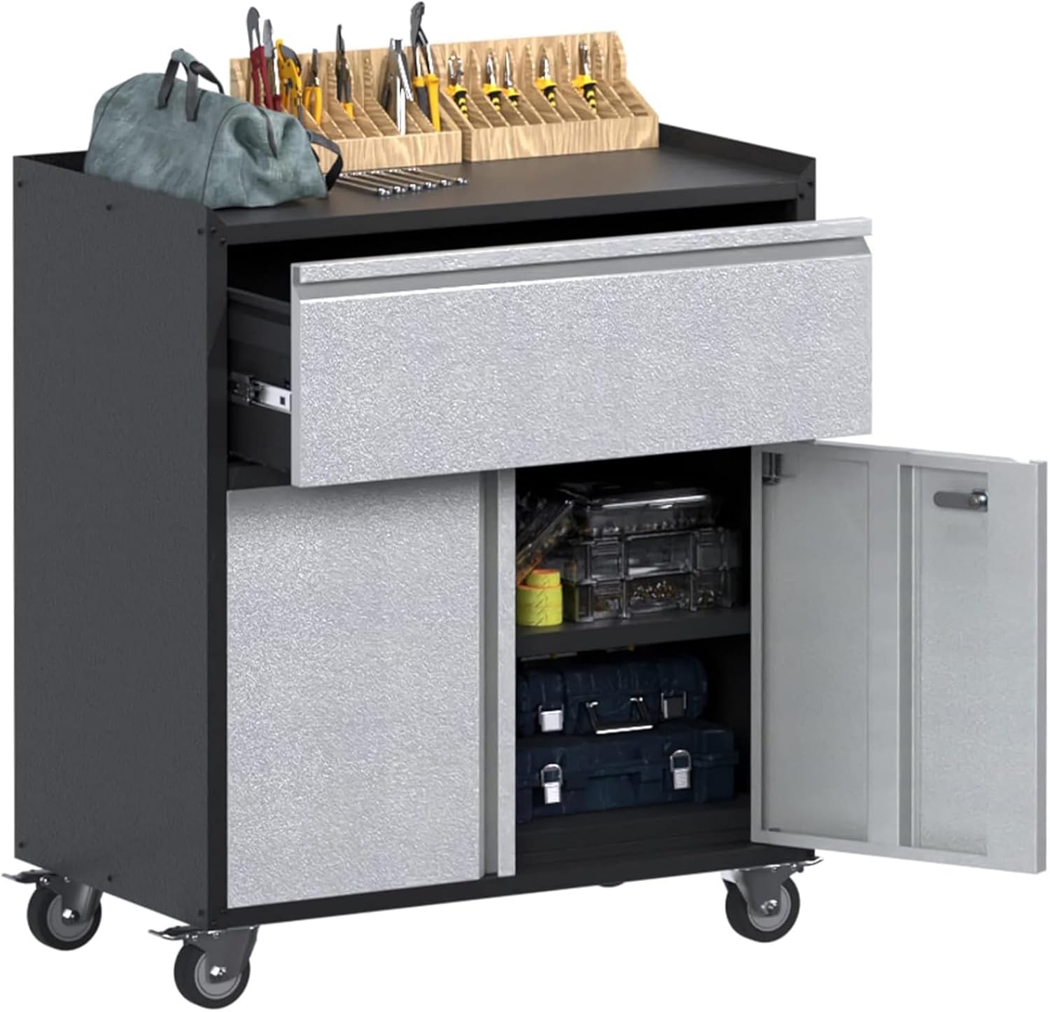 Rolling Garage Storage Cabinet with Door and Drawer, Lockable Metal Tool Cabinet on Wheels for Garage, Home, Office, Black & Gray, Assembly Required, (18.11' D x 30.31' W x 35.43' H)