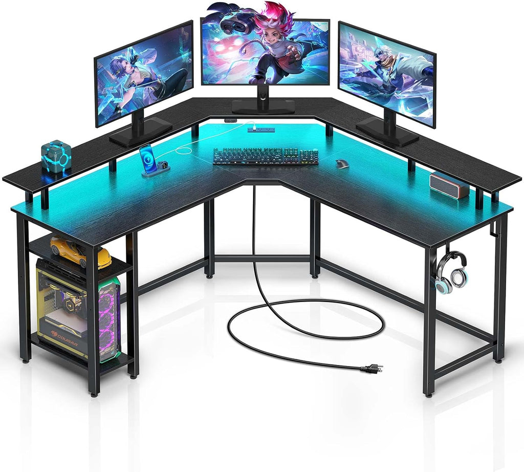 Rolanstar L Shaped Gaming Desk with LED Lights & Power Outlets, 53' Computer Desk with Full Monitor Stand & Storage Shelf, Corner Desk with Hooks, Black Desk Reversible