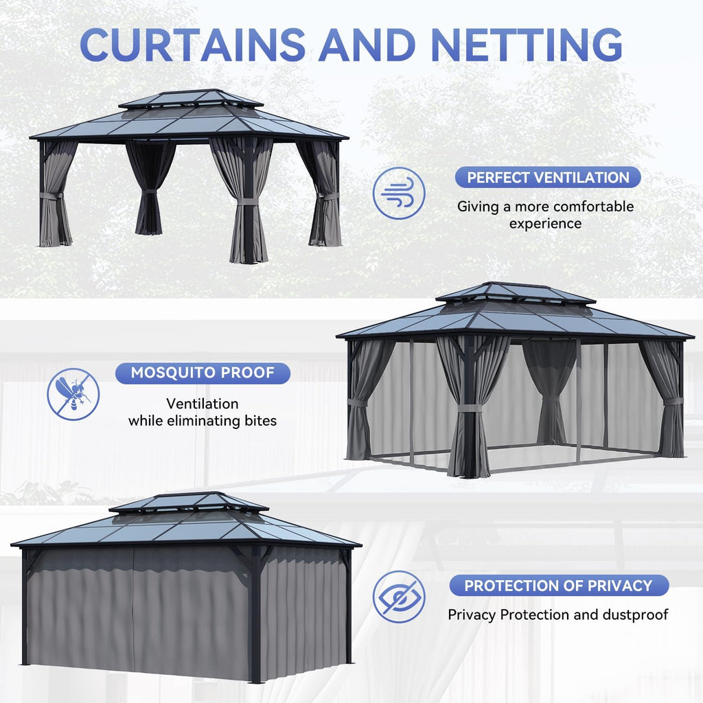 12' x 16' Double Roof Gazebo with Dark Gray Polycarbonate Panels, Sturdy Aluminum Frame, Weather-Resistant Pavilion with Curtains for Outdoor Patio, Garden, and Backyard
