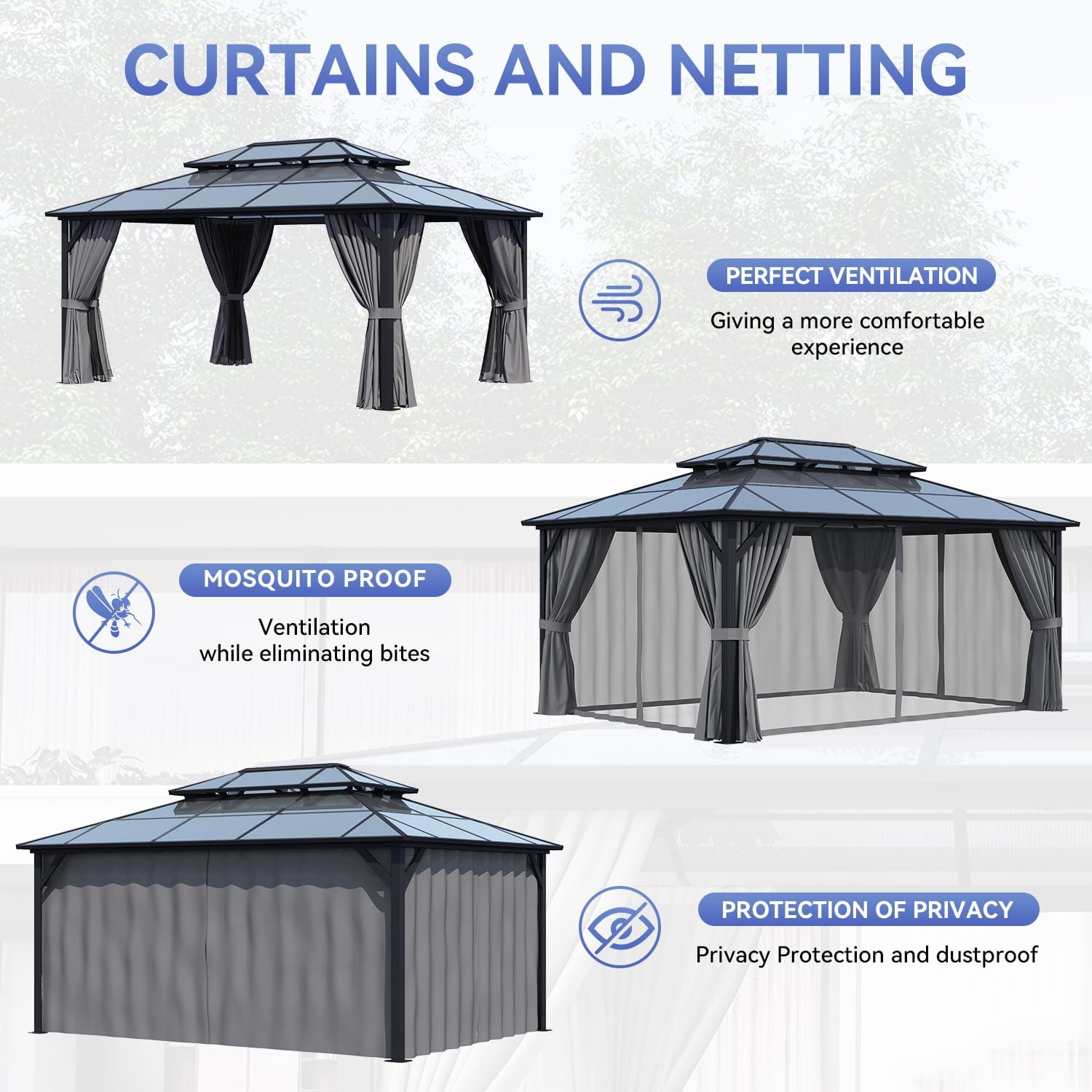 12' x 16' Double Roof Gazebo with Dark Gray Polycarbonate Panels, Sturdy Aluminum Frame, Weather-Resistant Pavilion with Curtains for Outdoor Patio, Garden, and Backyard