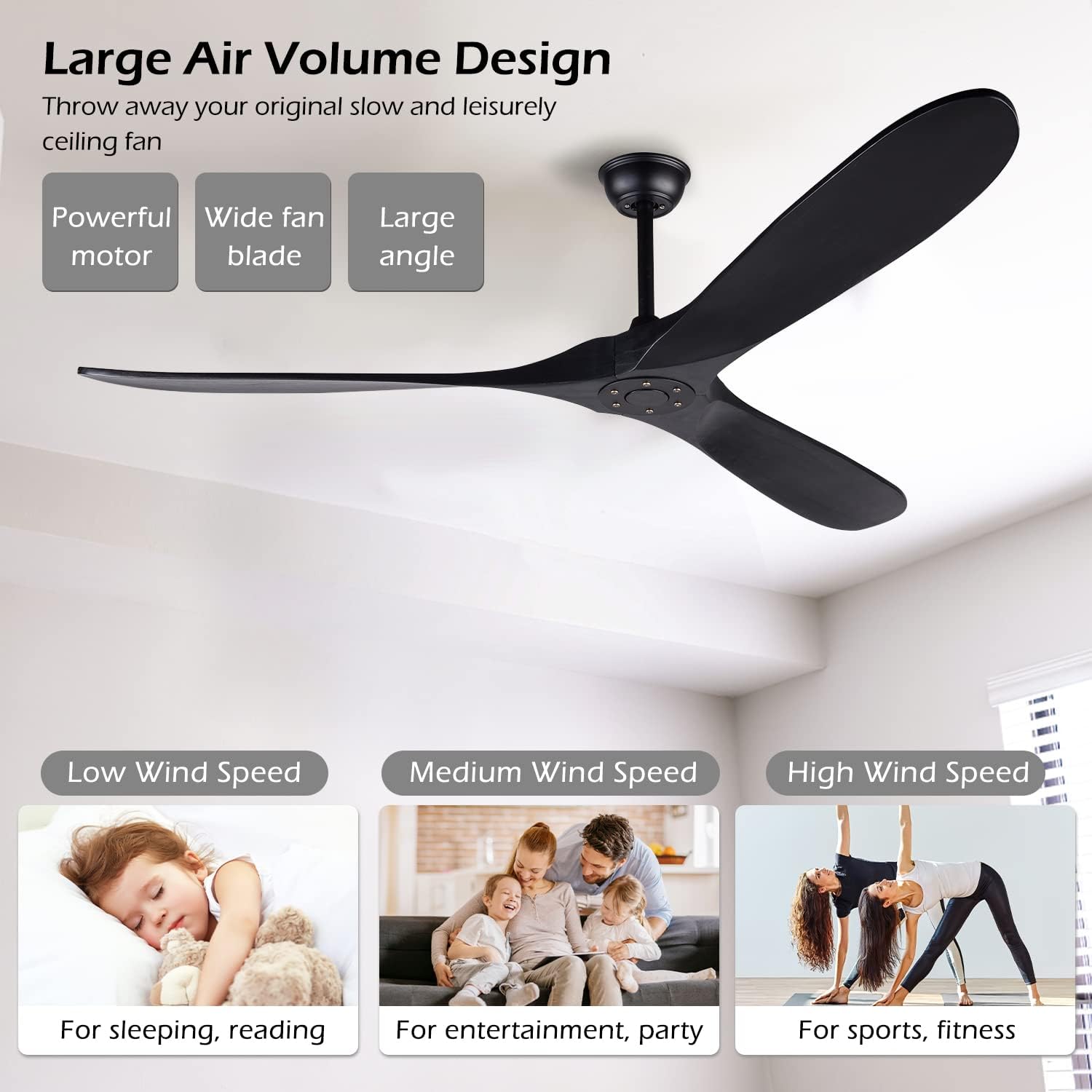 72 Inch Black Ceiling Fan No Light ，Wood Outdoor Ceiling Fans for Patios Living Room Gazebo Mid Century Modern Exterior Extra Large Waterproof Ceiling Fan without Light with Downrod