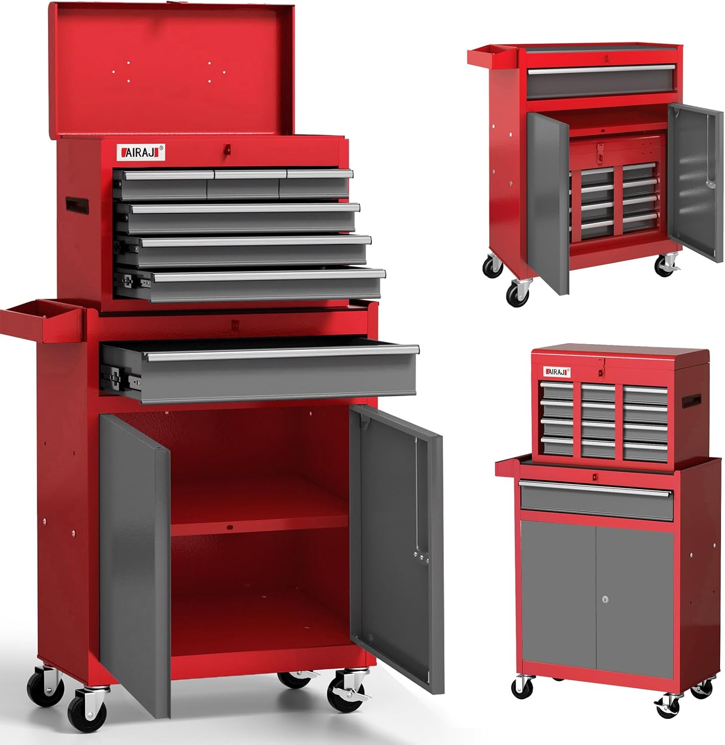 AIRAJ 7-Drawer Tool Chest with Wheels | 40'' H Rolling Tool Chest | Detachable Top Metal Tool Box | Garage Storage Cabinet for Repair Room | Rolling Tool Box with Hooks,Liners,Tray Divider | Red