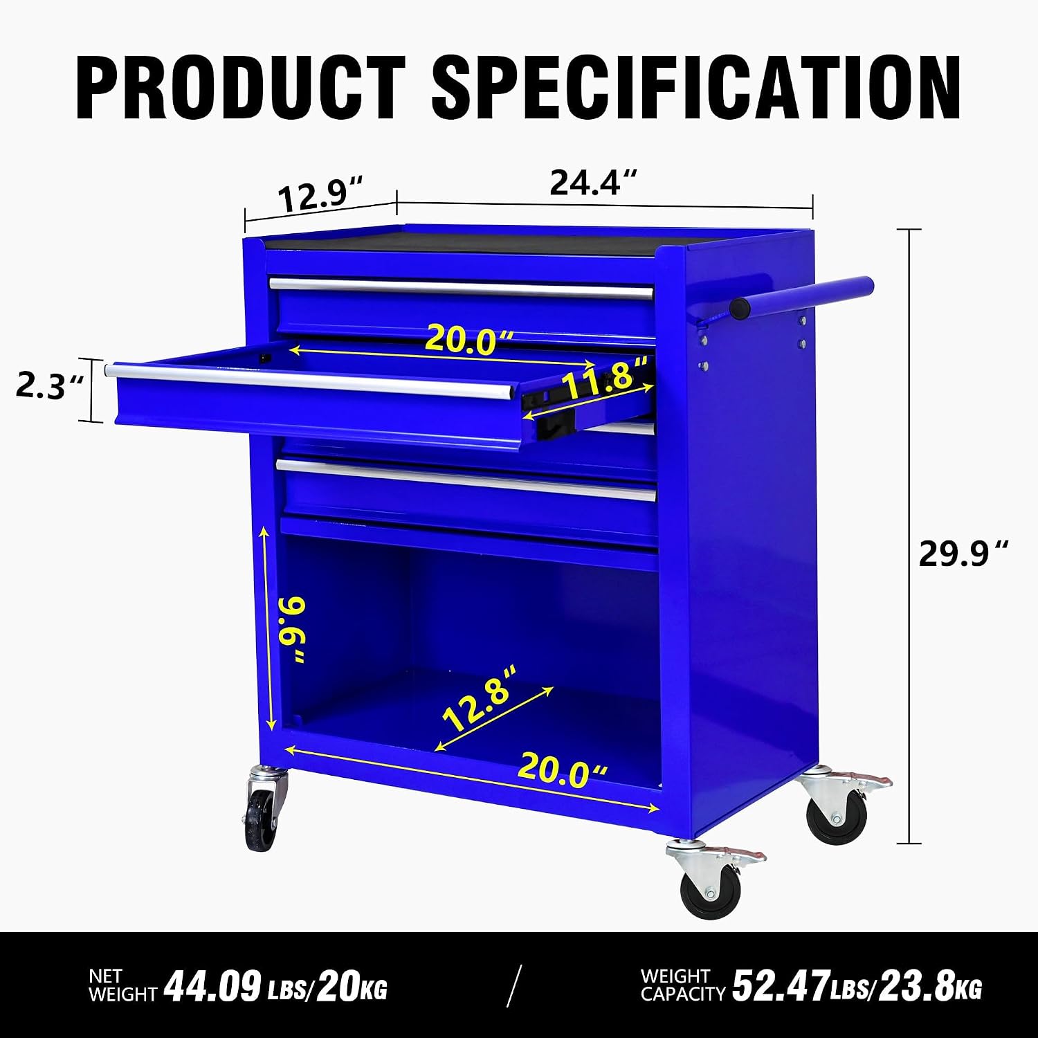 4 Drawers Rolling Tool Cart on Wheels, Trolley Organizer Tool Case Tool Chest, Multifunctional Tool Storage Tool Box for Workshop, Garage, Warehouse, Repair Shop(24.2' W×12.9' D×29.9' H-Blue)