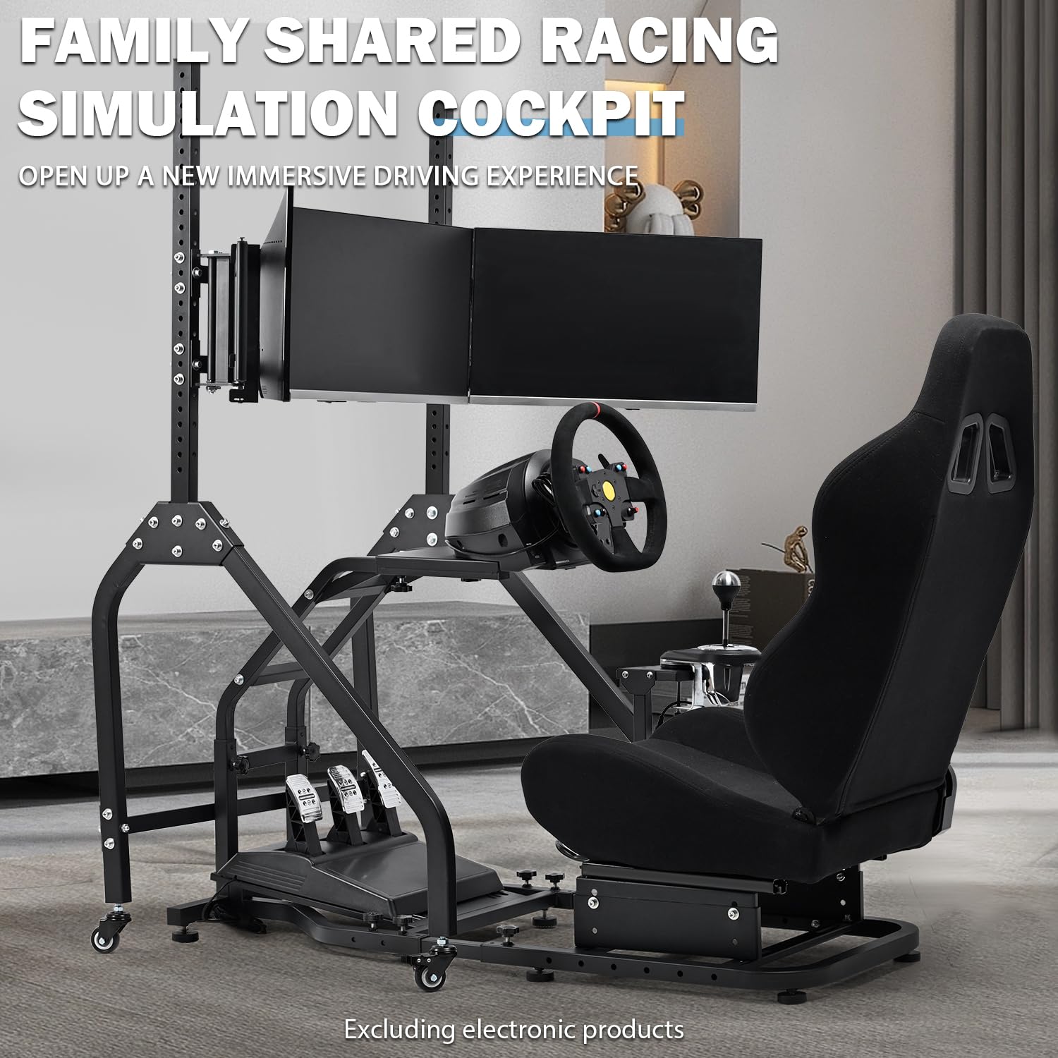 Anman Adjustable Racing Simulator Cockpit with Triple Monitor Stand and Ergonomic Driving Seat Compatible with Logitech/Thrustmaster, No electronic equipment