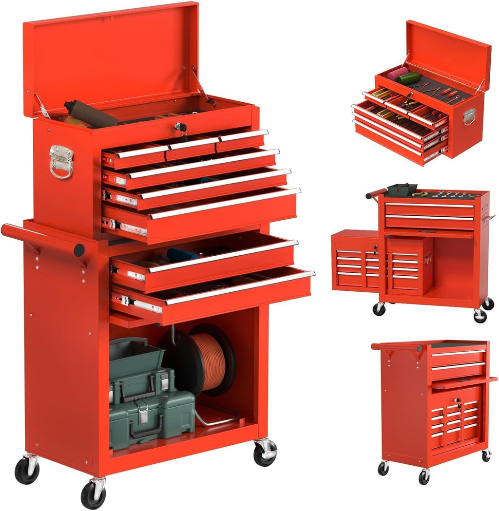 8-Drawer Rolling Tool Chest with Wheels, 2-in-1 Detachable Tool Box with Drawers and Large Cabinet, Rolling Tool Chest Storage Cabinet with Lockable for Warehouse, Garage, Workshop Red