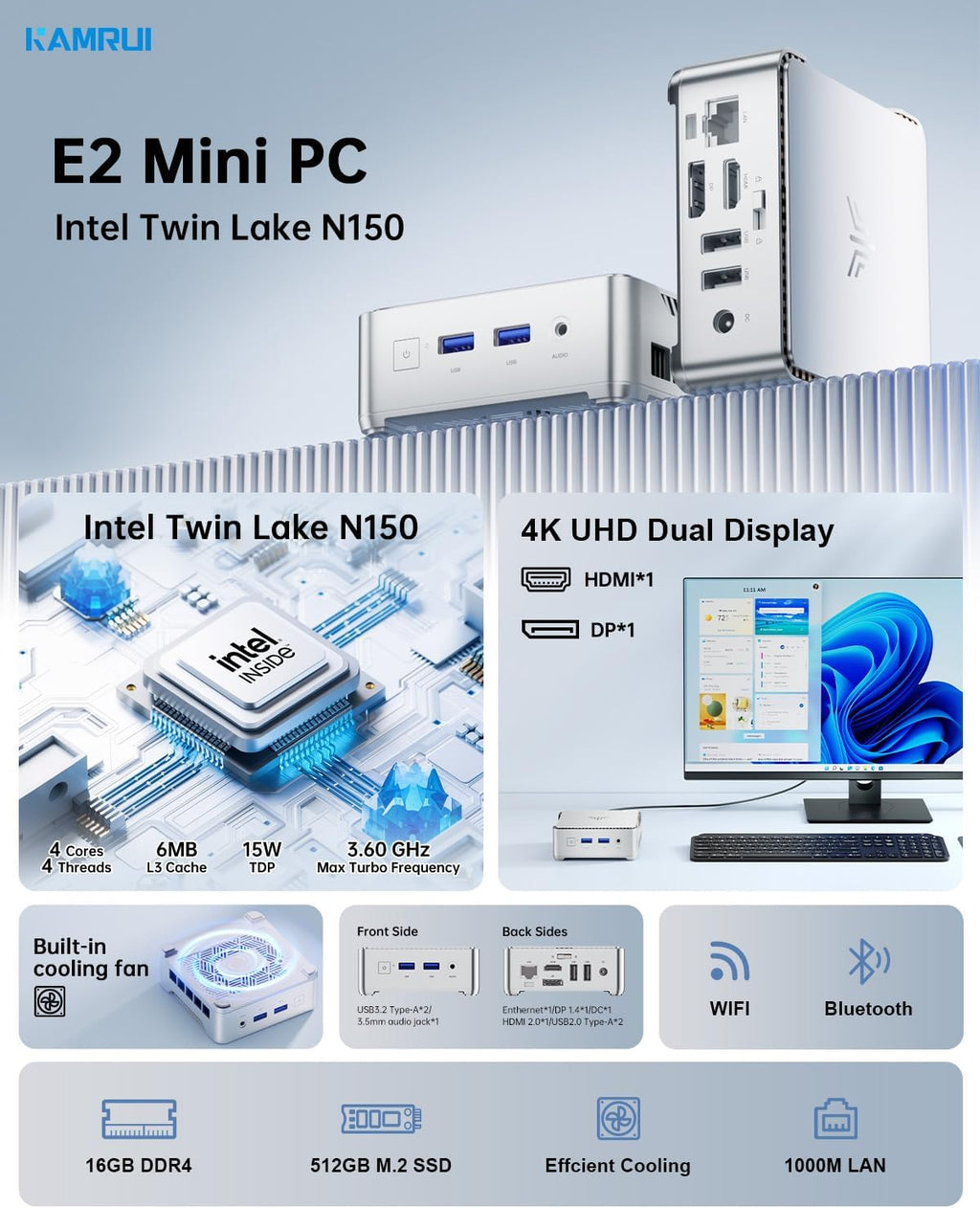 KAMRUI Essenx E2 N150 Micro PC, 16GB DDR4 512GB SSD Small Computers, Twin Lake-N N150 PC(Beat N100/N95, up to 3.6GHz) PC Gigabit Dual 4K,WiFi,BT Office/Home/Business