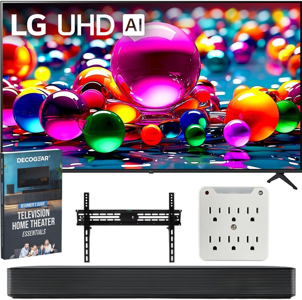 LG 55UA7700PUB 55 Inch UA77 LED AI 4K UHD Smart webOS TV 2025 Bundle with SKM1 2.0 Ch. Soundbar, 37'-70' TV Wall Mount, 6-Outlet Surge Adapter & Deco Gear Complete Home Theater Beginner's Guidebook