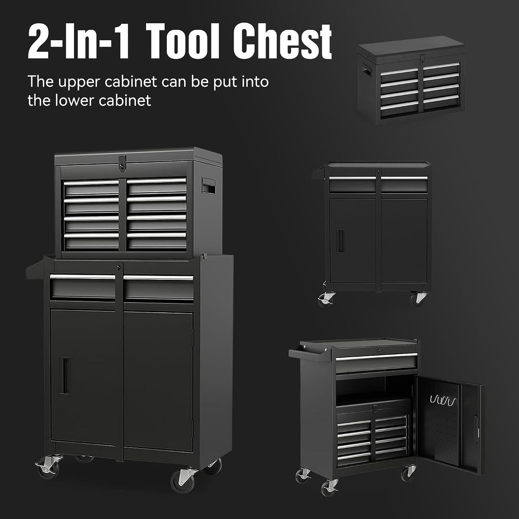 Tool Chest, 5-Drawer Rolling Tool Storage Cabinet with Detachable Top Tool Box, Liner, Universal Lockable Wheels, Adjustable Shelf, Locking Mechanism, Metal Tool Cart for Garage Workshop(black)