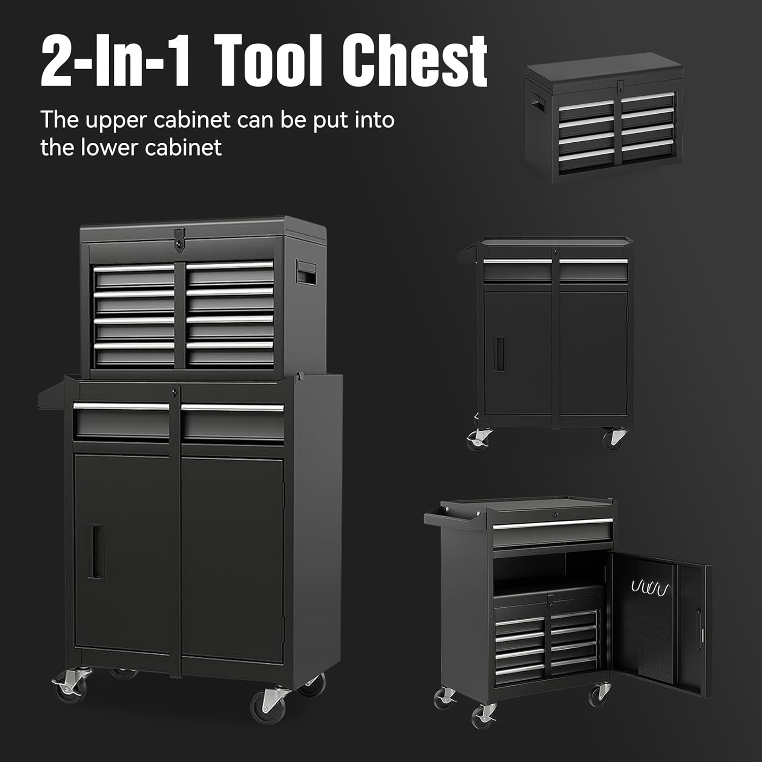 5-Drawer Rolling Tool Chest & Cabinet With Detachable Top Box - Heavy-Duty Metal Tool Cart With 4 Hooks, Lockable Drawers & 4 Wheels For Garage, Workshop, And Automotive Organization(Black)