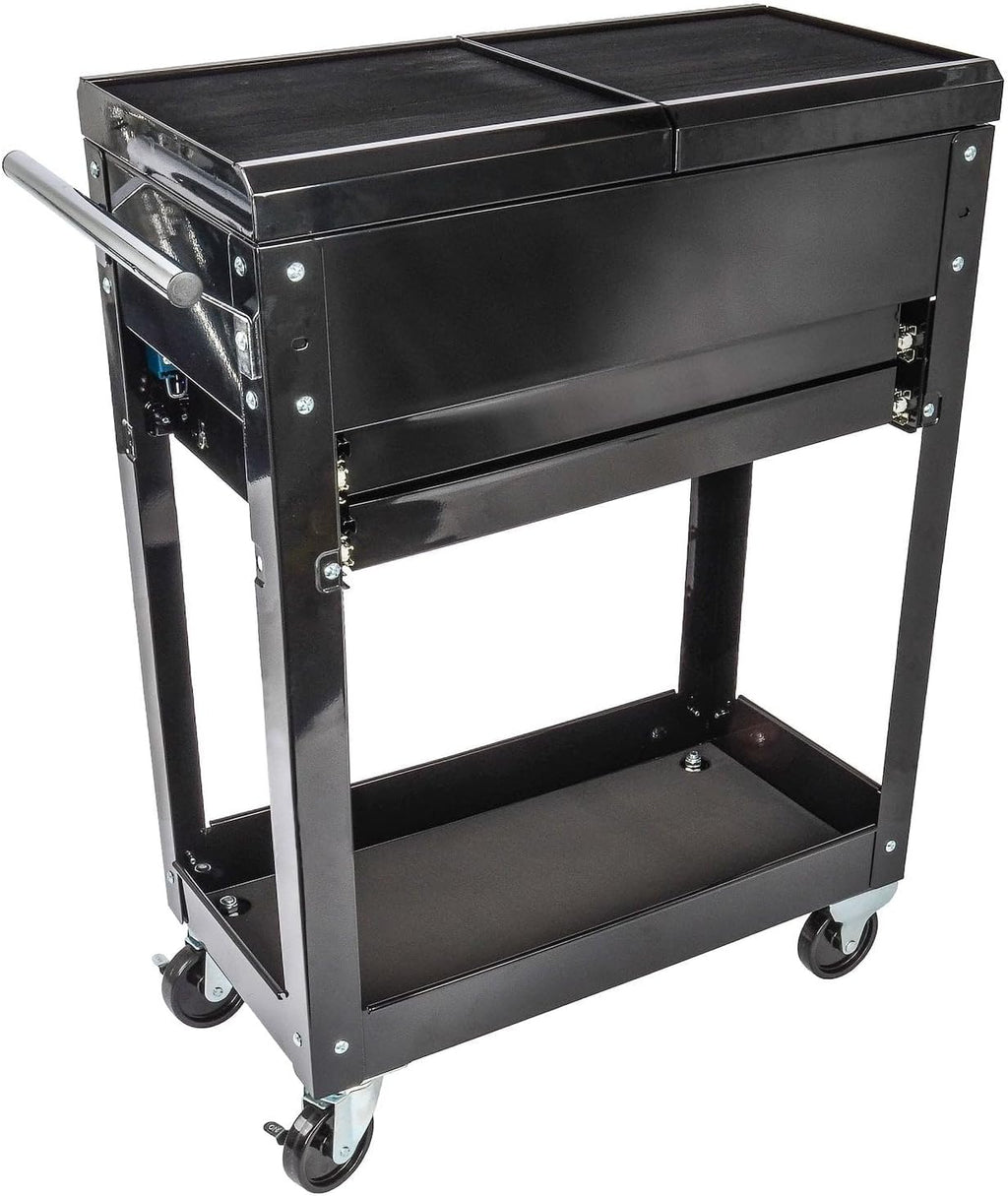 JEGS Heavy-Duty Tool Box Cart | 220 LBS Capacity | Uses Four 4' Caster Wheels | Includes 2 Keyes and 6 Drawer Liners | Black with JEGS Logo | 2 Locking Drawers | Sliding Top