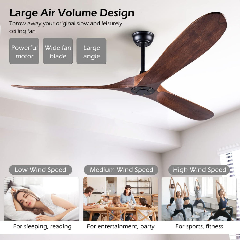 60 Inch Ceiling Fan Without Light ，Wood Indoor Outdoor Ceiling Fans No Light for Patios Living Room Bedroom Porch Big Ceiling Fan for Flat Sloped Ceiling(Walnut)