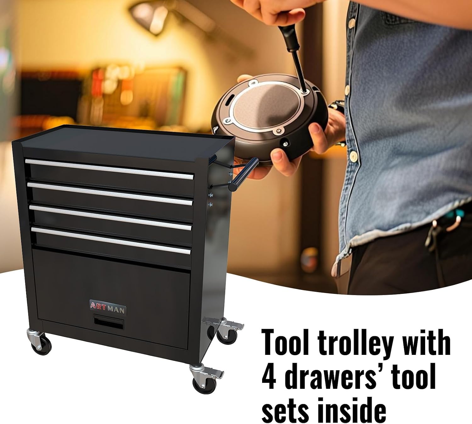 233PCS 4 Drawers Rolling Tool Box with Tool Sets, Heavy Duty Steel Garage Storage Cabinet with Lockable Wheels, Mechanic Organizer for Home, Auto, Workshop, Warehouse, Black