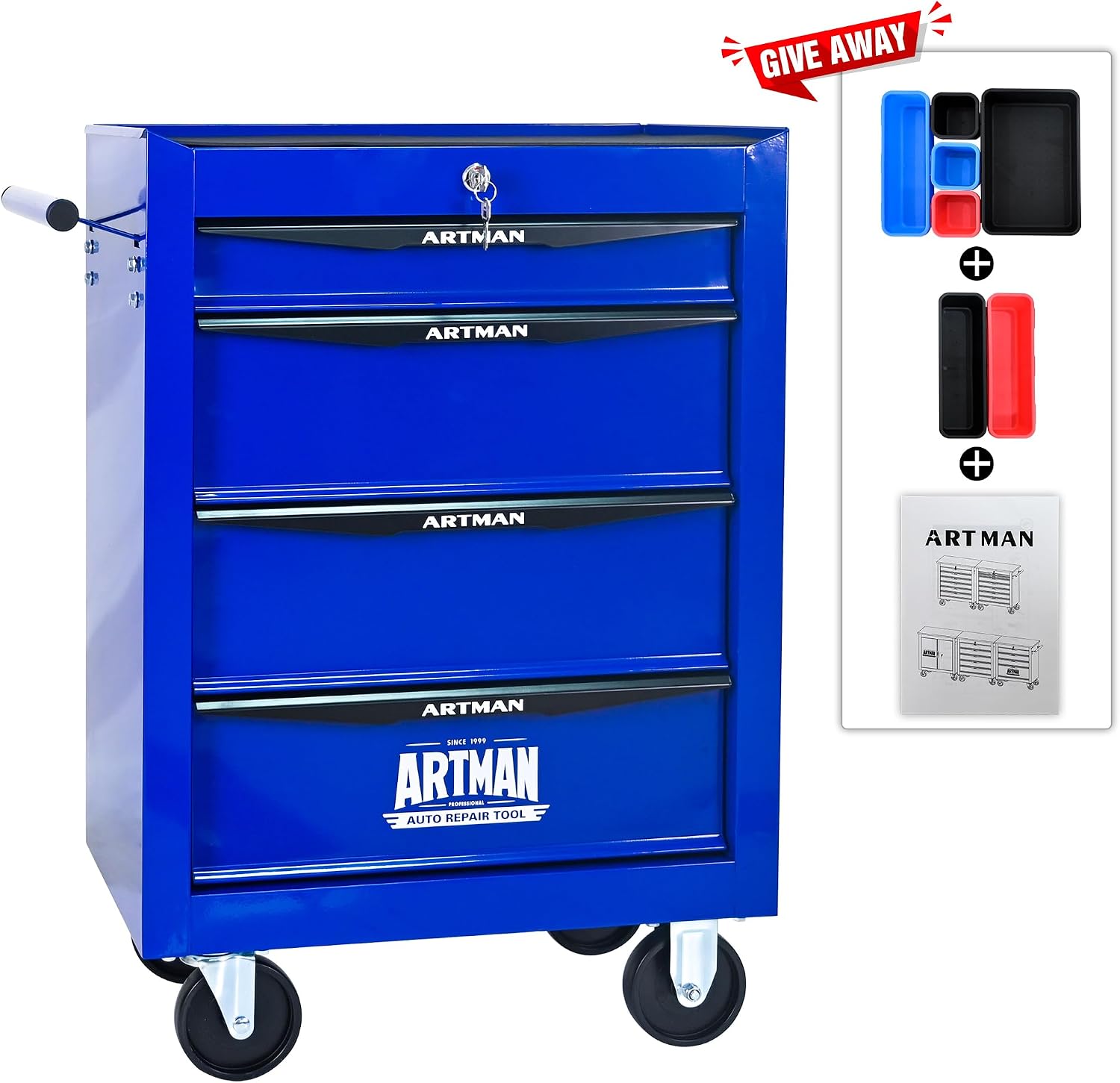 Rolling Tool Box with Wheels, Mechanics Tool Chest with 4 Drawers, Tool Box Organizer with 7 Tool Storage Boxes, Lockable Tool Storage Cabinet for Home Garage Workshop Warehouse Repair Shop, Blue