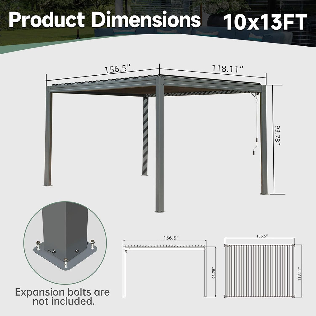 Domi Outdoor Pergola 10' x 13' Aluminum Louvered Pergola with Adjustable Roof, Aluminum Frame, Efficient Drainage System for Patio, Deck, Garden, Gray