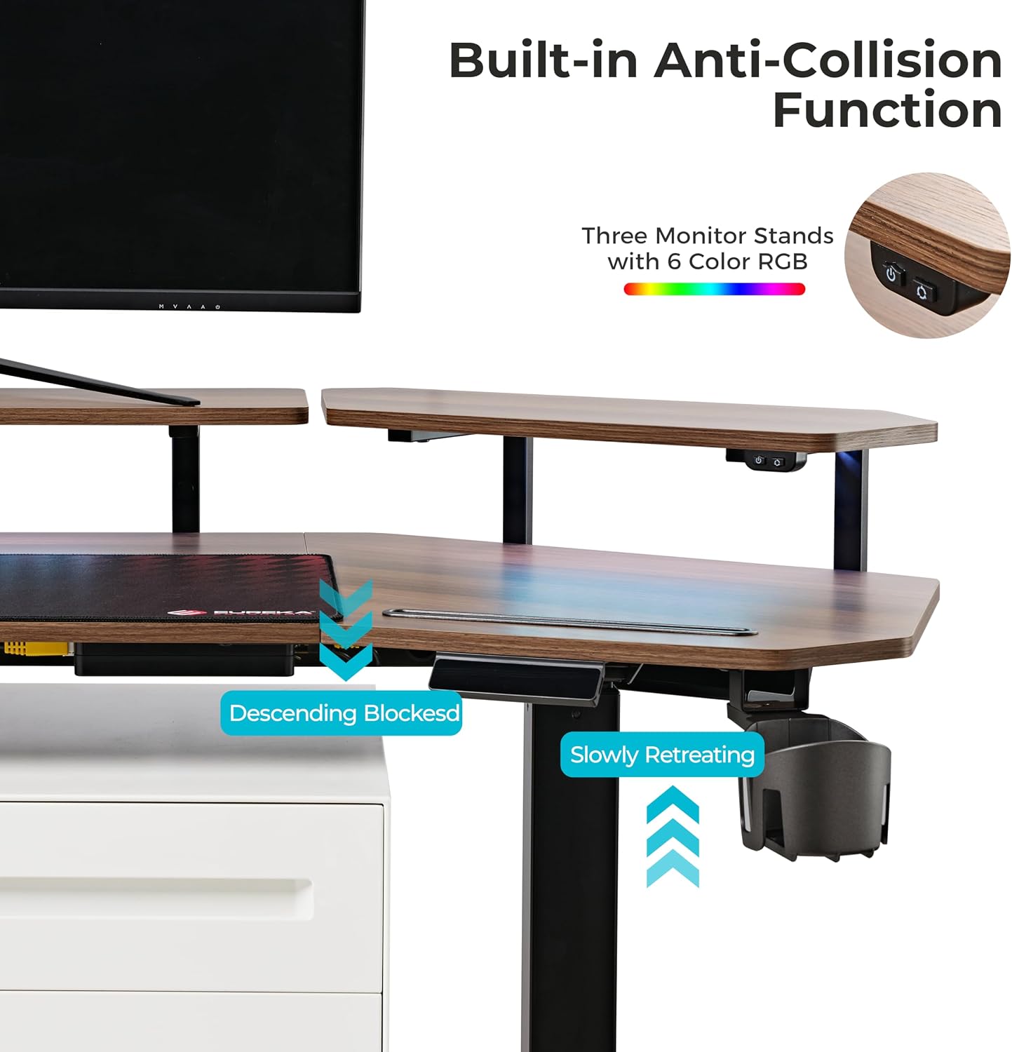 EUREKA ERGONOMIC Standing Gaming Desk with Dual Motor,63' Wing Shaped Computer Desk w Mouse Pad, Electric Adjustable Height Table w LED Monitor Stands,Slot Design,Walnut