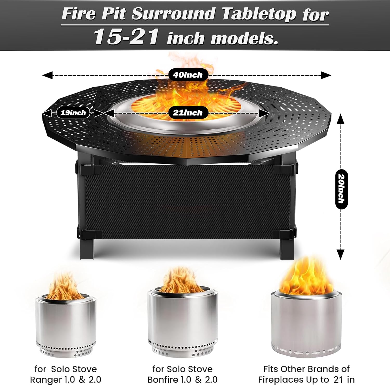 40 in Fire Pit Surround Tabletop for Solo Stove Bonfire and Ranger Wood Burning, Powder-Coated Steel Tabletop for Solo Stove Bonfire Accessories, 24 in Inner, Fits Most Wood Burning Fire Pit.