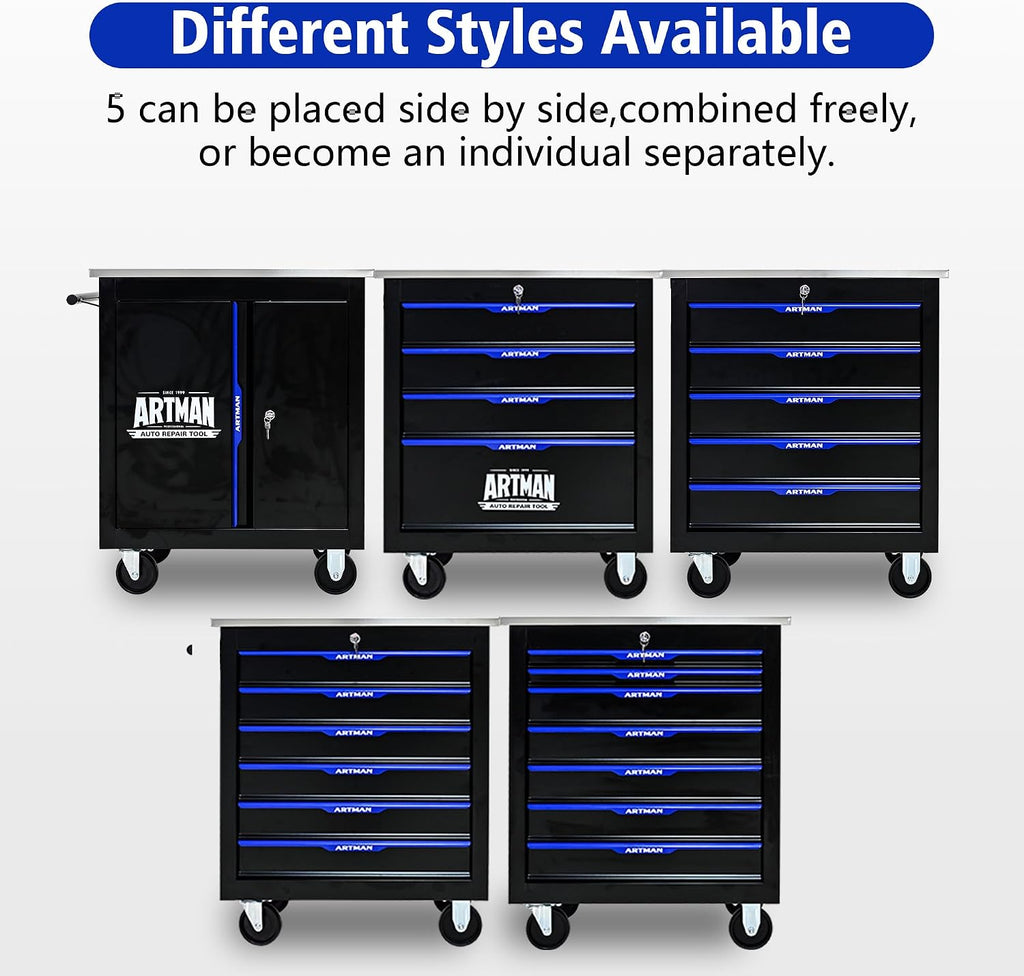 4 Drawers Tool Cart on Wheels with Stainless Steel Worktop, Heavy Duty Mobile Rolling Drawer Tool Chest with Secure Locking System & Locking Wheels for Garage,Warehouse,Workshop (Black&Blue)