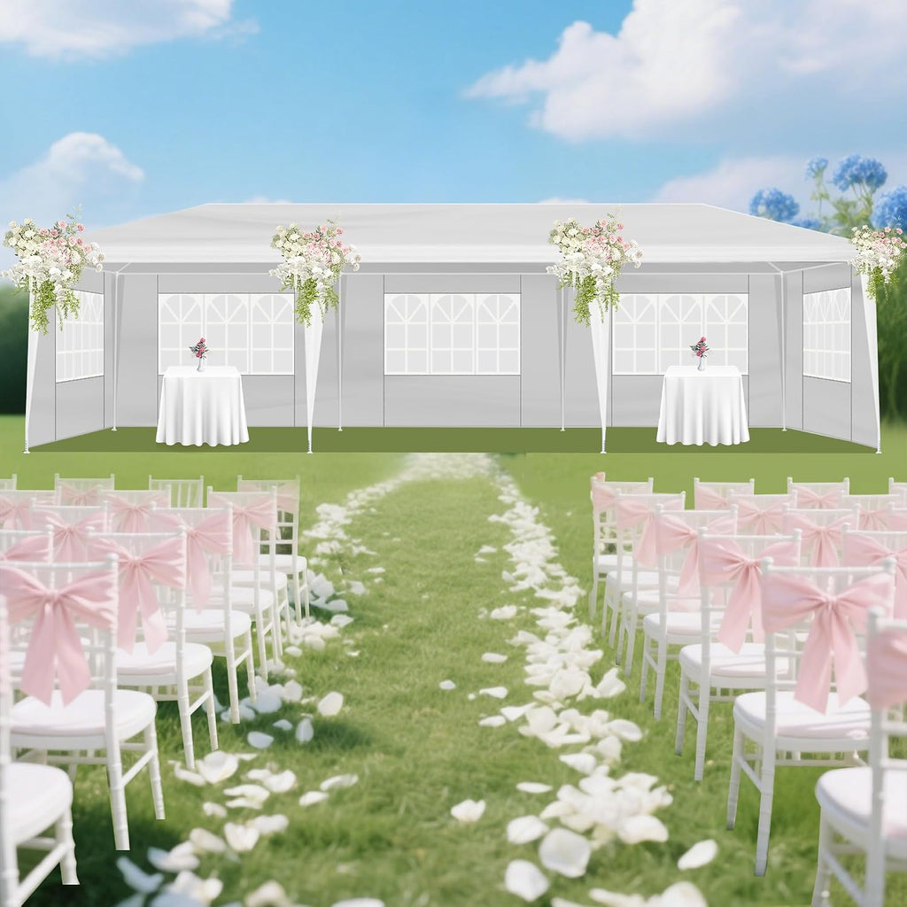Nyckolas White 10x30 Outdoor Canopy Tent for Party,5 Removable Sidewalls with Windows,Sunshade & Waterproof,Heavy Duty Metal Frame,Easy to Assemble,Perfect for Outdoor Events,Party,Backyard,Camping