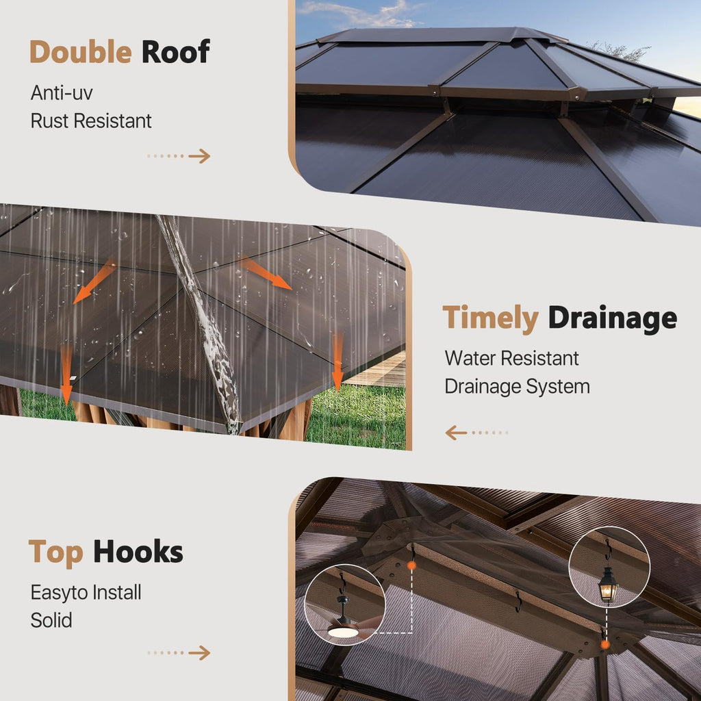 10'x13' Hardtop Gazebo, Polycarbonate Double Top Canopy, Aluminum Frame Permanent Pavilion with Curtains and Netting, Sunshade for Lawns, Patios, Gardens
