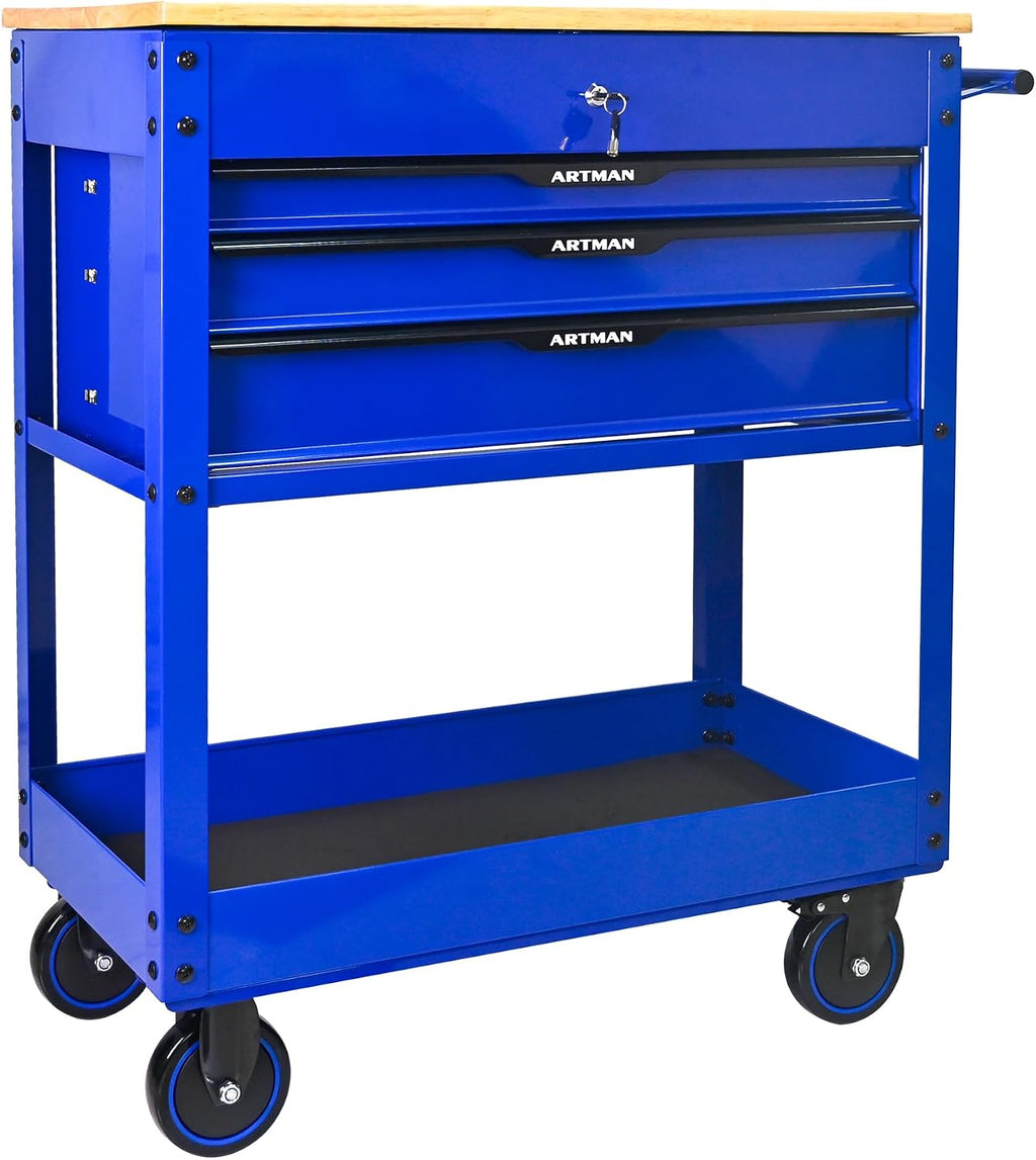Rolling Cart With 3-Drawer Utility Box, Wheels, Wood Top - Mechanic Storage Organizer Cabinet for Garage, Warehouse, Workshop, Repair Shop - Blue