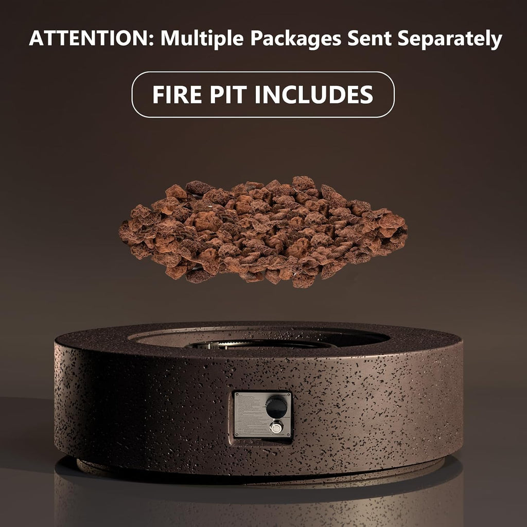 COSIEST 42 inch Outdoor Propane Fire Pit Coffee Table w Concrete Round Base Patio Heater, 50,000 BTU Stainless Steel Burner, Free Lava Rocks, Rain Cover, Brown