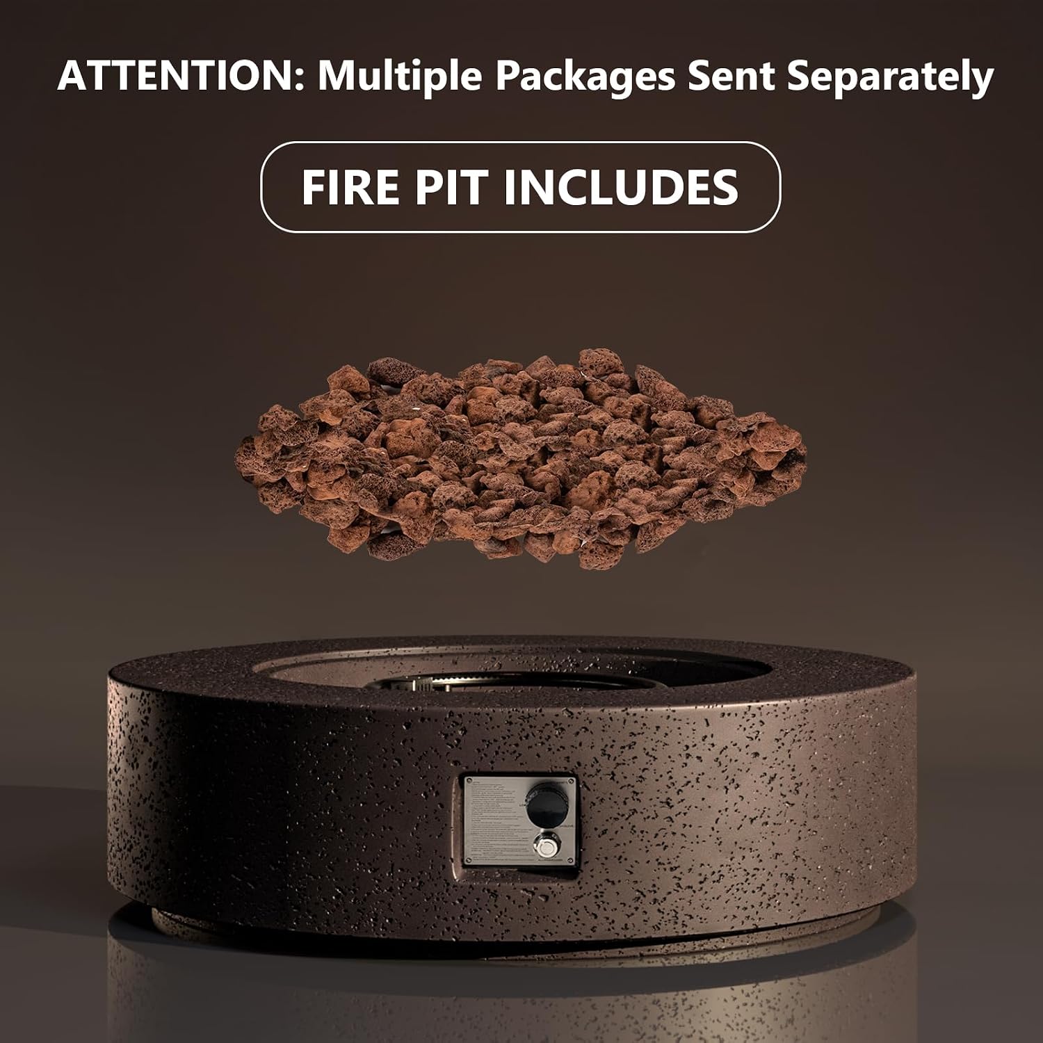 COSIEST 42 inch Outdoor Propane Fire Pit Coffee Table w Concrete Round Base Patio Heater, 50,000 BTU Stainless Steel Burner, Free Lava Rocks, Rain Cover, Brown