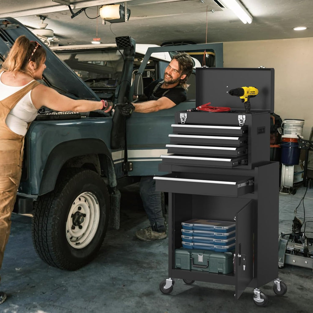5-Drawers Tool Chest, 2-in-1 Rolling Tool Box with Wheels and Drawers, Detachable Storage Toolbox with Lock, Heavy-Duty Metal Tool Cart for Garage, Workshop (Black)