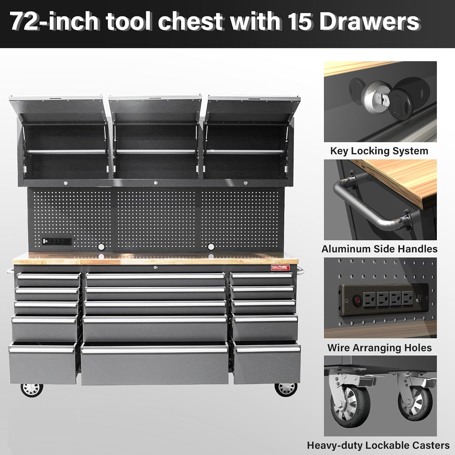 HAUTMEC 72' Rolling Tool Chest, Heavy-Duty Tool Cabinet with Wheels, Garage Workbench with 15 Drawers, 3 Upper Cabinets, Pegboard & 51 Hooks, Oak Worktop & Power Strip – HT0428