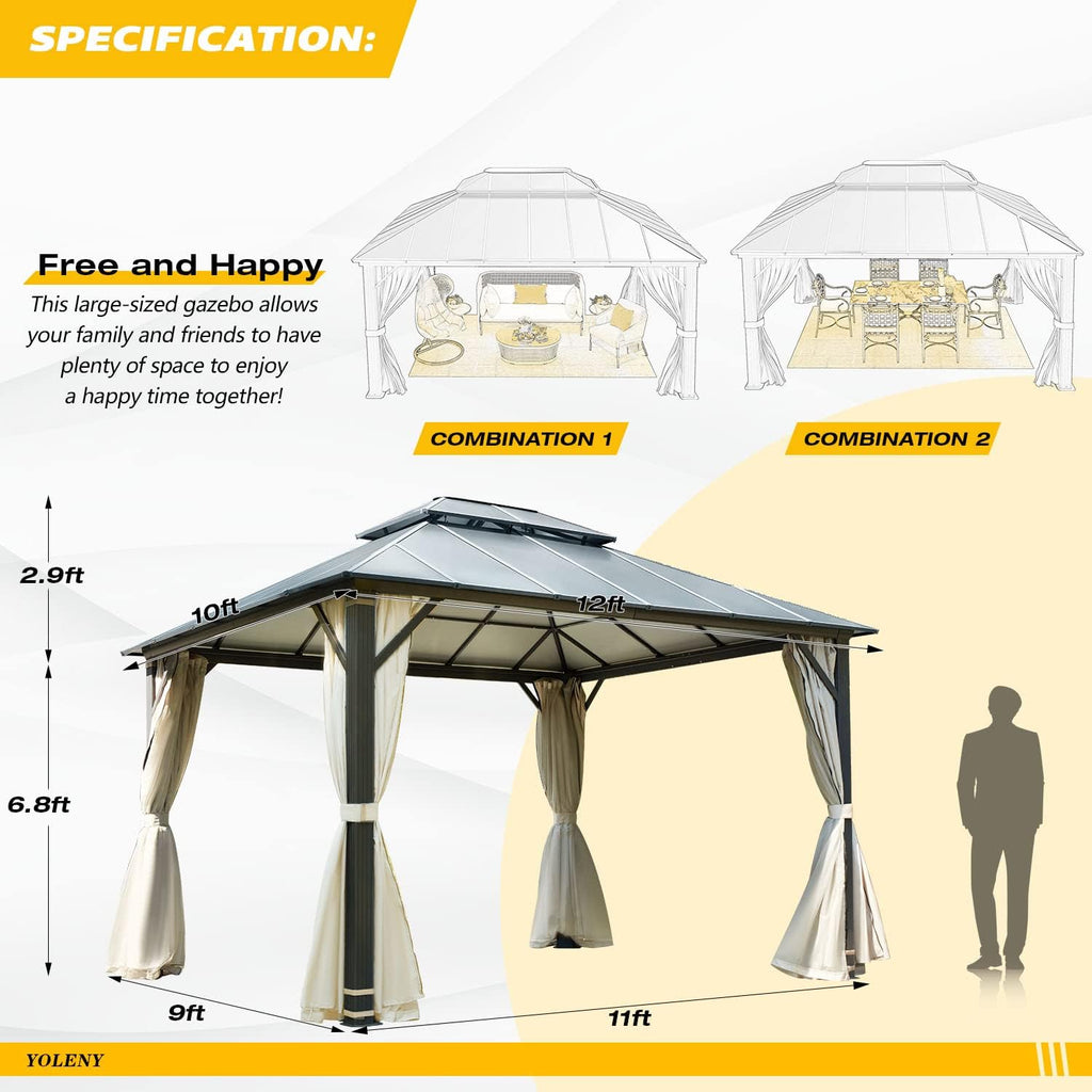 YOLENY 10' x 12' Hardtop Gazebo, Permanent Outdoor Aluminum Patio Gazebo with Aluminum Composite Double Roof for Patio Lawn and Garden, Curtains and Netting Included