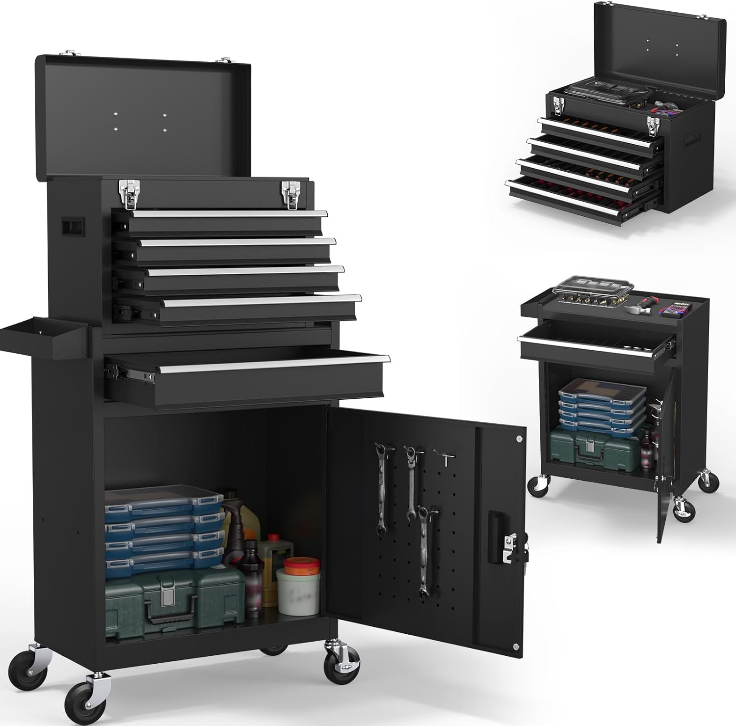 5-Drawers Tool Chest, 2-in-1 Rolling Tool Box with Wheels and Drawers, Detachable Storage Toolbox with Lock, Heavy-Duty Metal Tool Cart for Garage, Workshop (Black)