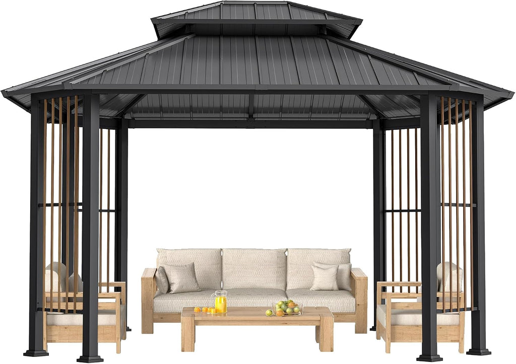 HAPPATIO 11' x 13 Outdoor Octagon Gazebo, Outdoor Pavilion Hardtop Gazebo with Double Tiered Ventilated Roof, Dual Rails and Ceiling Hook for Patio, Garden, Backyard Shade
