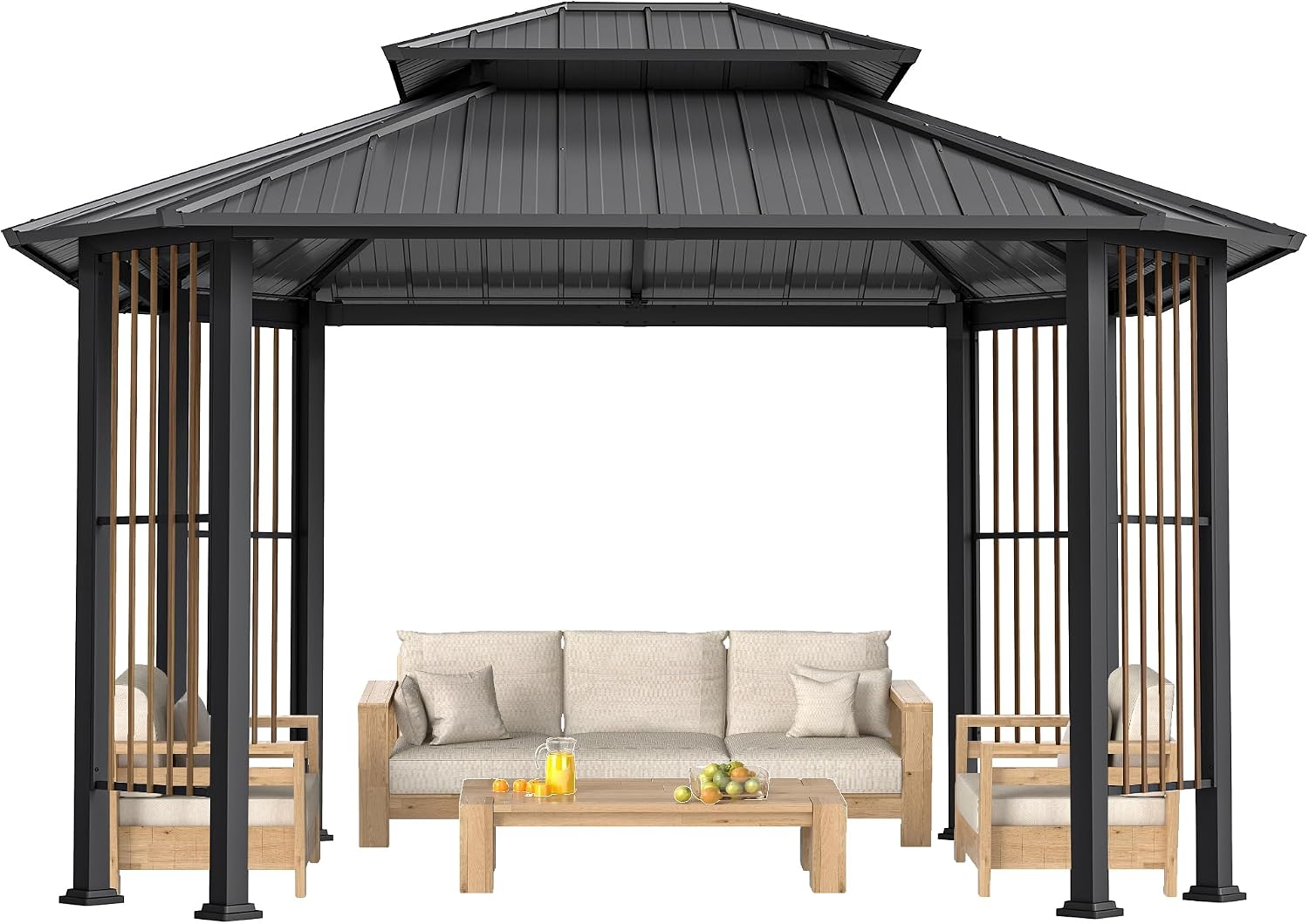 HAPPATIO 11' x 13 Outdoor Octagon Gazebo, Outdoor Pavilion Hardtop Gazebo with Double Tiered Ventilated Roof, Dual Rails and Ceiling Hook for Patio, Garden, Backyard Shade
