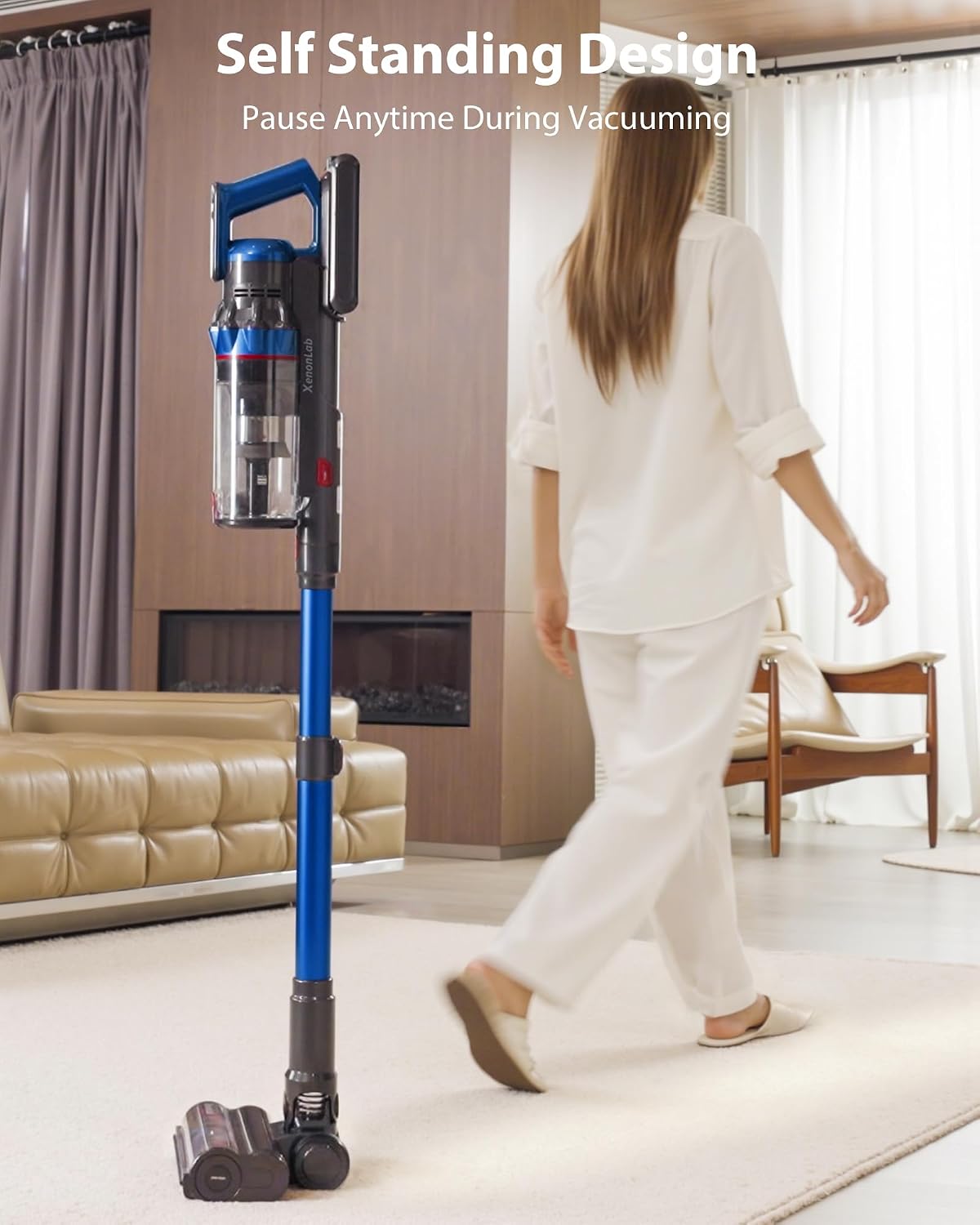 Cordless Vacuum Cleaner, 75Mins/55KPa/650W Freestanding Stick Vacuum Cleaners for Home, Rechargeable, Lightweight, Cone Filtration&Anti-Tangle, for Hard Floor, Carpet, Hardwoods, Pet Hair