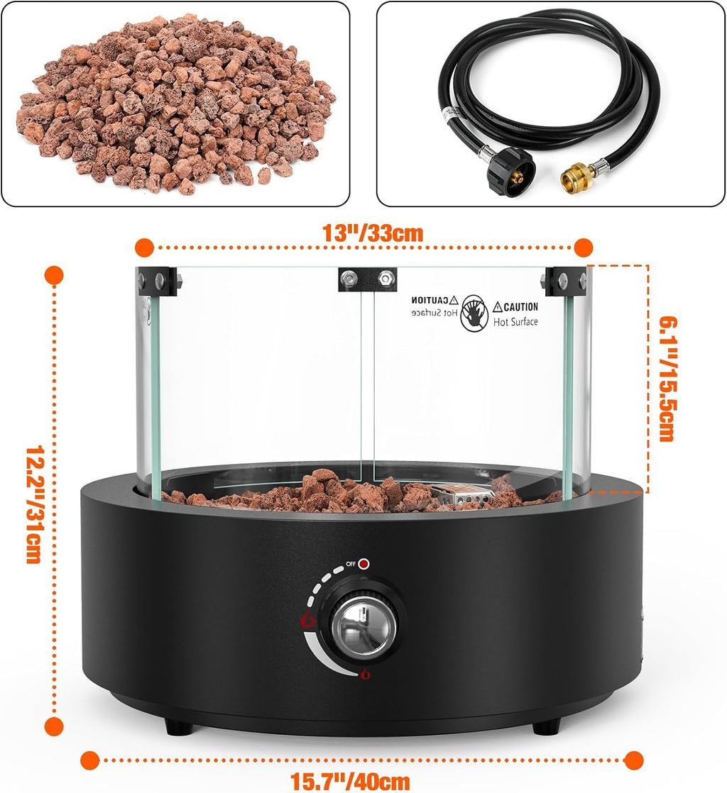 15.7' Portable Propane Gas Fire Pit Side-Mounted, Modern Tabletop Fireplace Smokeless Firepit with Glass Wind Guard for Patio Camping RV Tailgating, 23000BTU, Round FP038