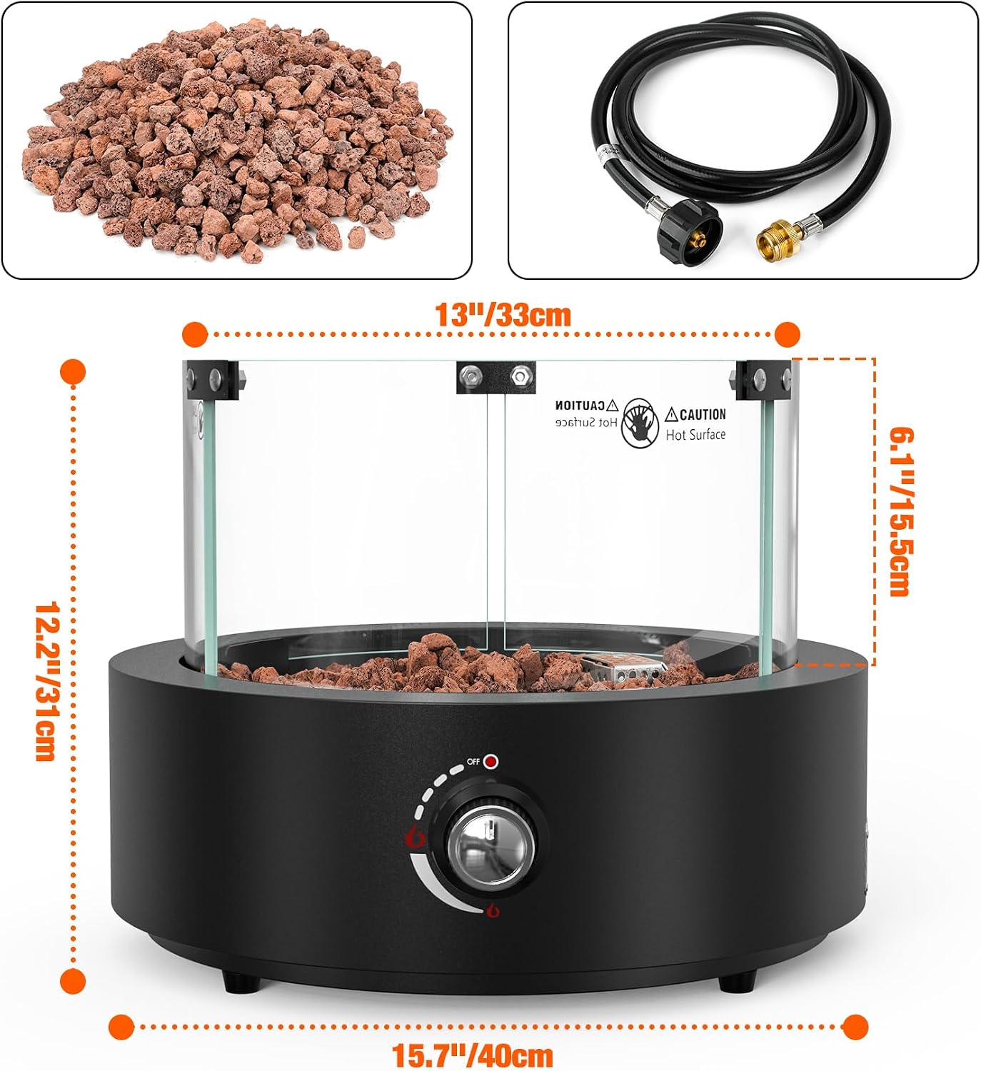 15.7' Portable Propane Gas Fire Pit Side-Mounted, Modern Tabletop Fireplace Smokeless Firepit with Glass Wind Guard for Patio Camping RV Tailgating, 23000BTU, Round FP038