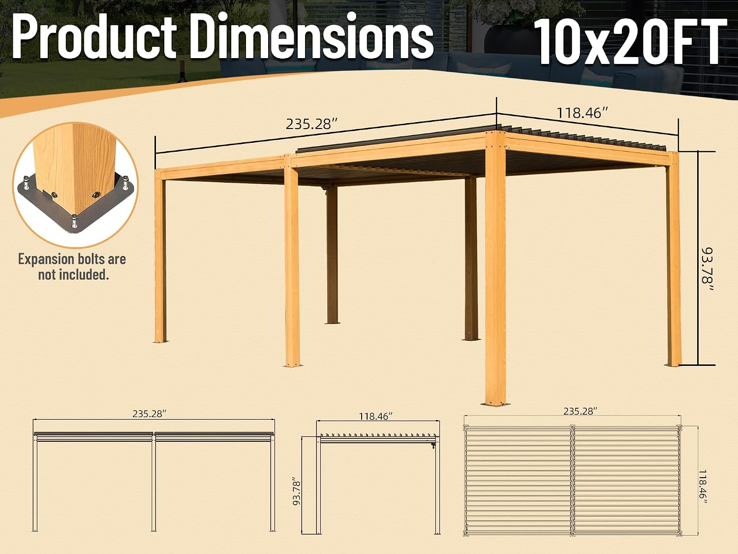 Domi Outdoor Pergola 10' x 20' Aluminum Louvered Pergola with Adjustable Roof, Wood Grain Frame, Efficient Drainage System for Patio, Deck, Garden, Yard