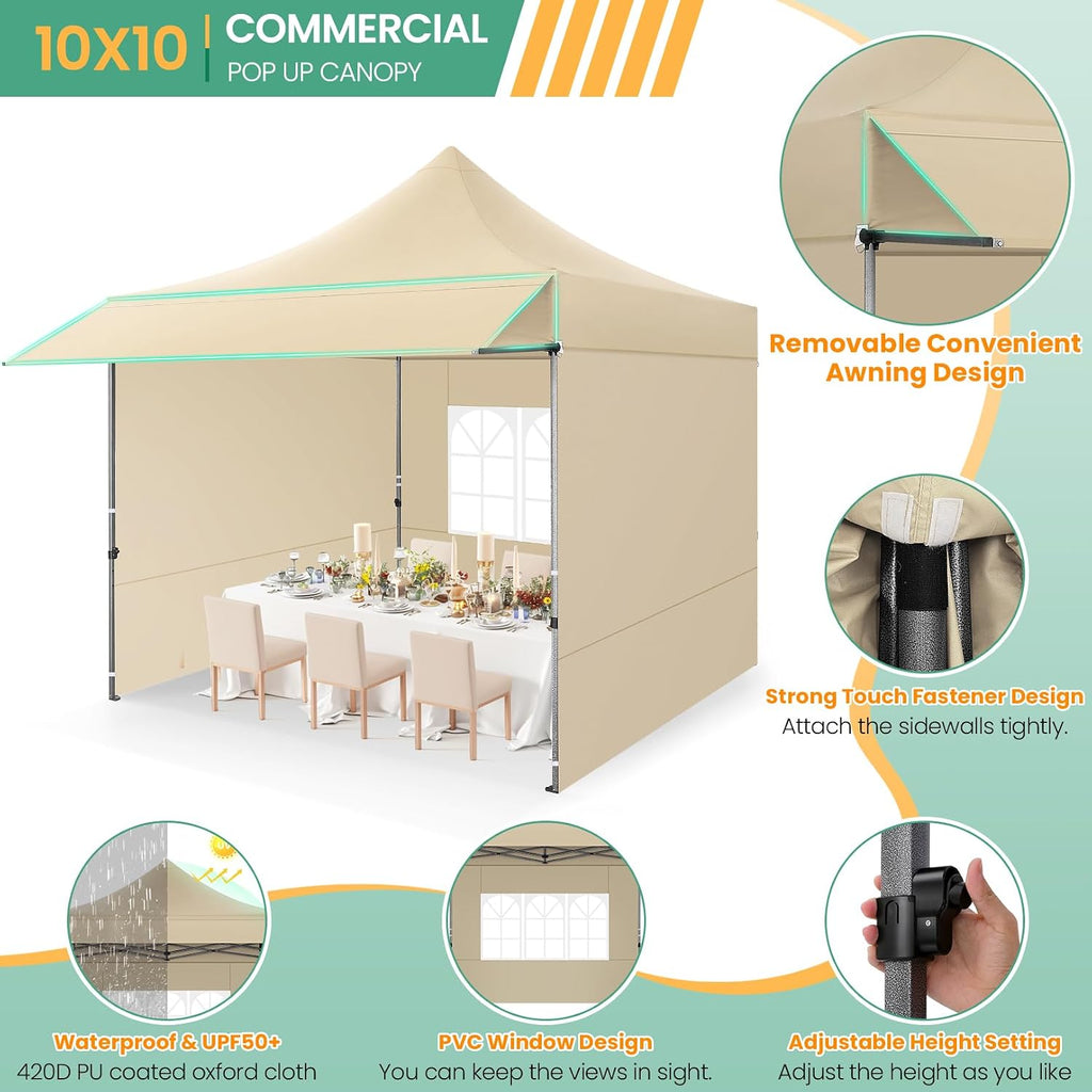 COBIZI 10x20 Pop up Heavy Duty Canopy Tent, Commercial Instant Canopies with Sturdy Awning, Outdoor Canopies for Market, Event, Khaki