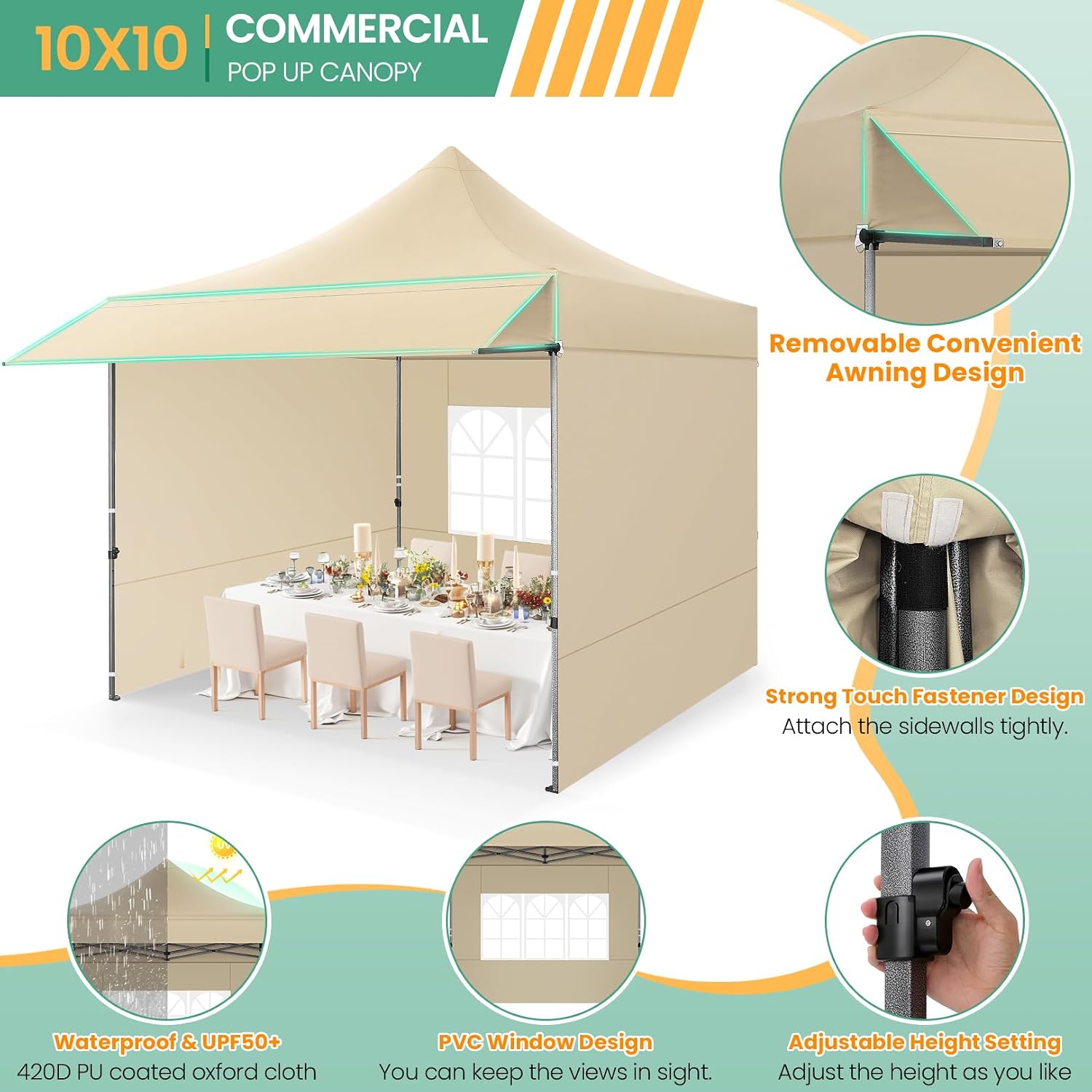 COBIZI 10x20 Pop up Heavy Duty Canopy Tent, Commercial Instant Canopies with Sturdy Awning, Outdoor Canopies for Market, Event, Khaki