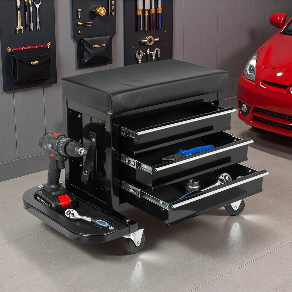 Tool Chest, 3-Drawers Rolling Tool Box with Screworivers Supports & 2 Foldable Side Trays, Rolling Mechanic Seat with Seat Cushion for Warehouse, Workshop, Capacity 350lbs, Black