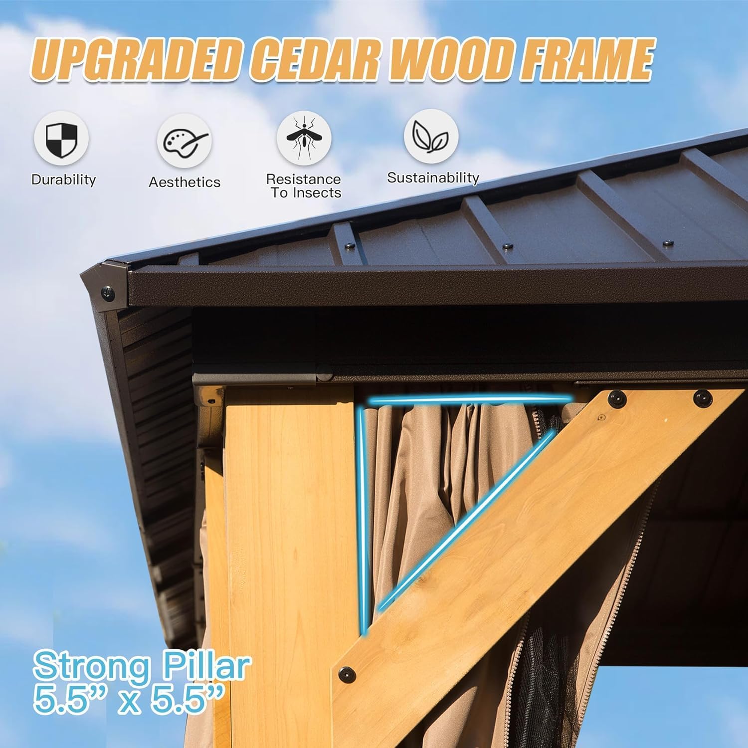 10x14FT Wood Gazebo, Solid Wood Hardtop Gazebo with Galvanized Steel Double Roof, Netting Curtains, Outdoor Gazebo for Patio, Backyard, Deck, Lawns