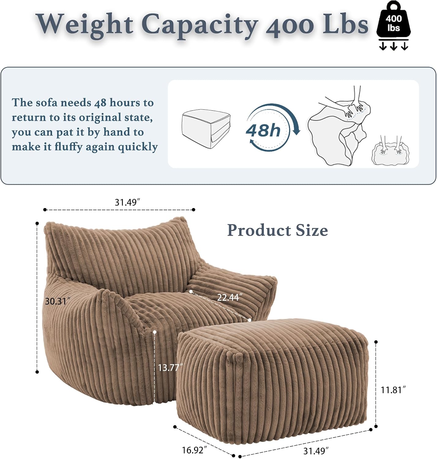 Gericco Oversized Bean Bag Chaise Lounge Chair Indoor for Adults with Armrests & Ottoman - Giant Comfy Khaki Beanbag Floor Sofa Cloud Accent Chair for Reading, Gaming, Cozy Plush Cloud Mini Couch