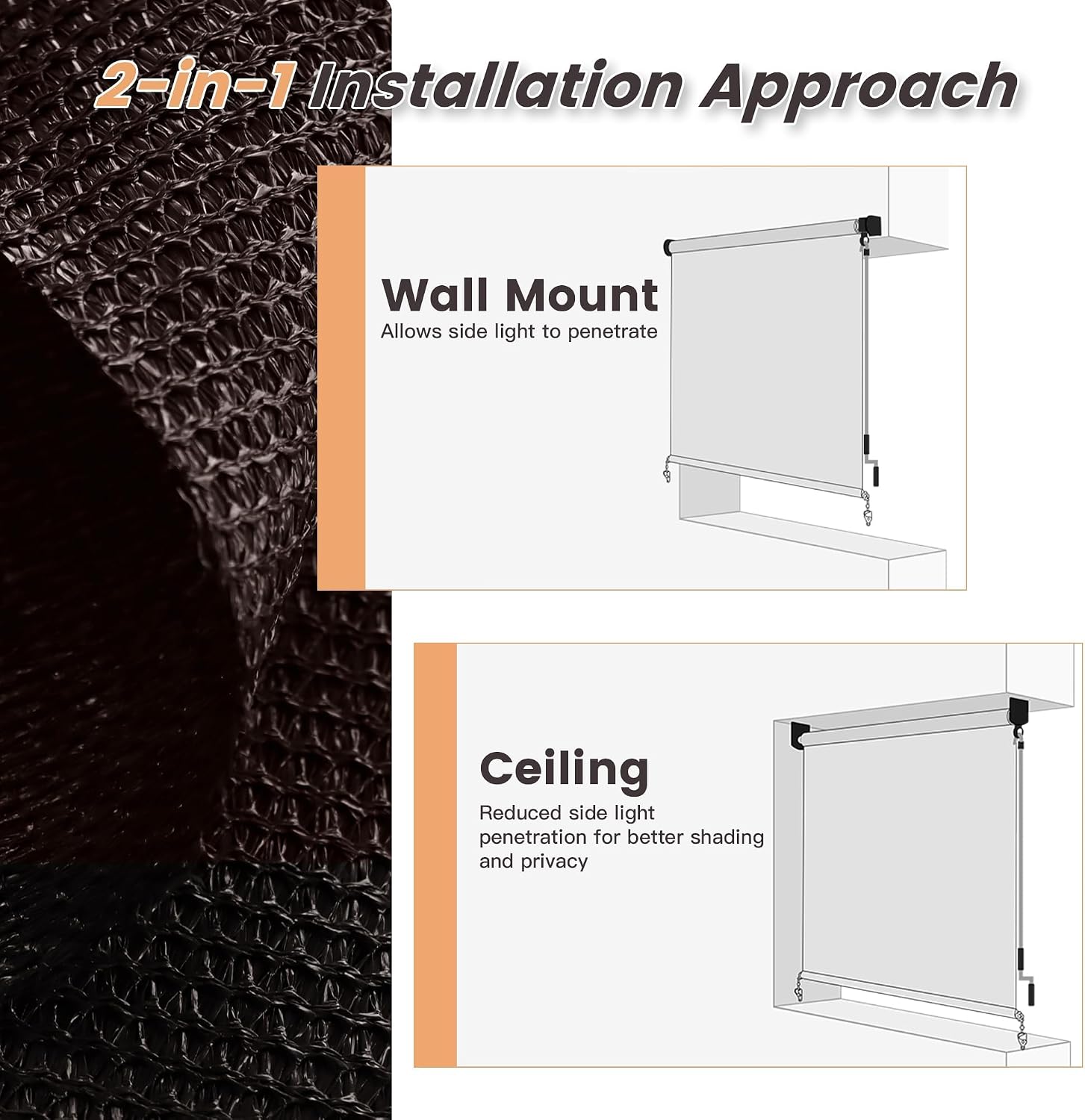 VICLLAX Outdoor Roller Shade (9' W×8' L), Patio Corded Roller Blinds, Exterior Roll Up Shade with Spliced Design for Patio Porch Gazebo, Chocolate