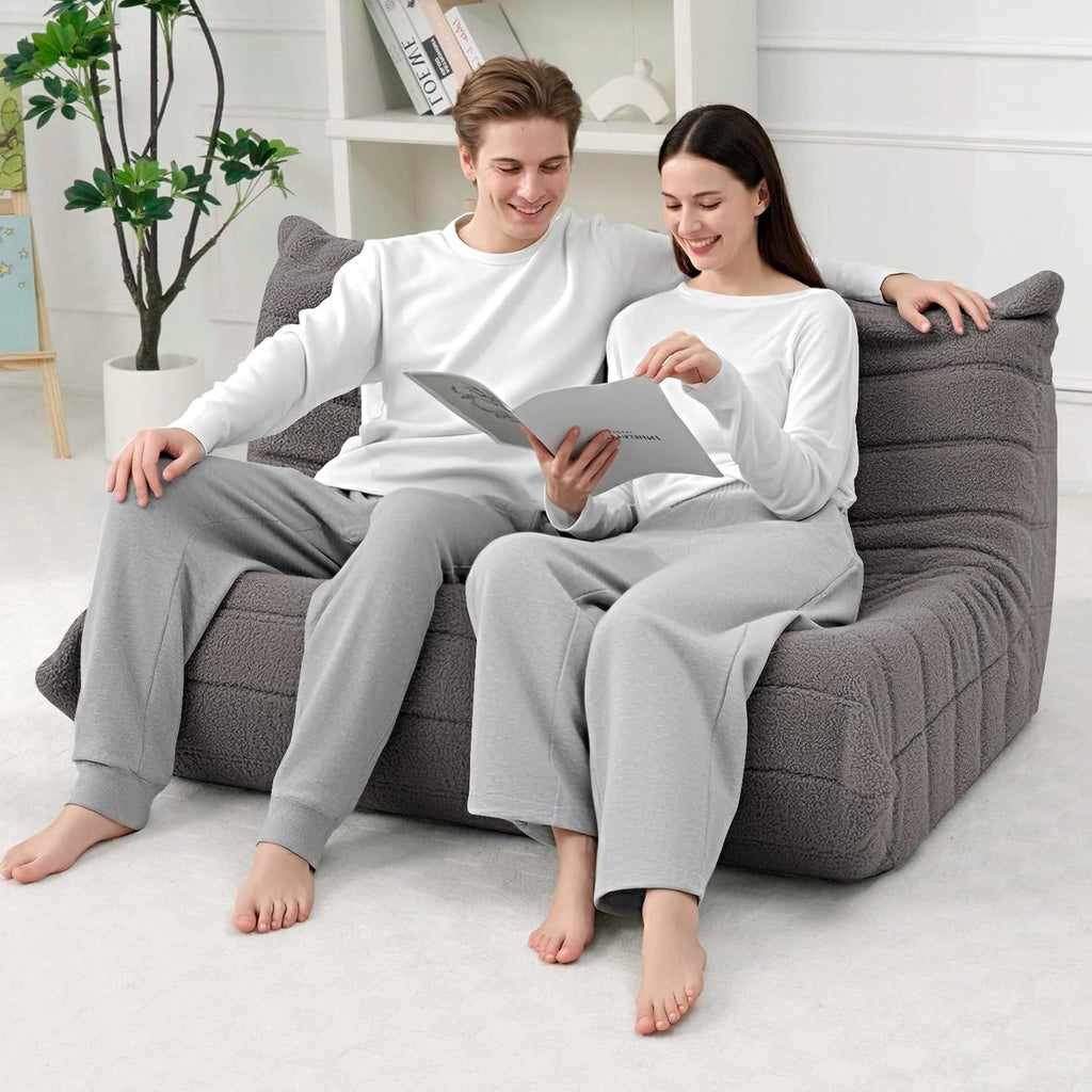 HABUTWAY Bean Bag Chairs Fireside Lazy Floor Sofa, Soft Teddy Fleece 2 Seater Sofa with High-Resilience Foam Filling，Beanbag for Living Room, Bedroom, Office (Dark Grey Teddy)