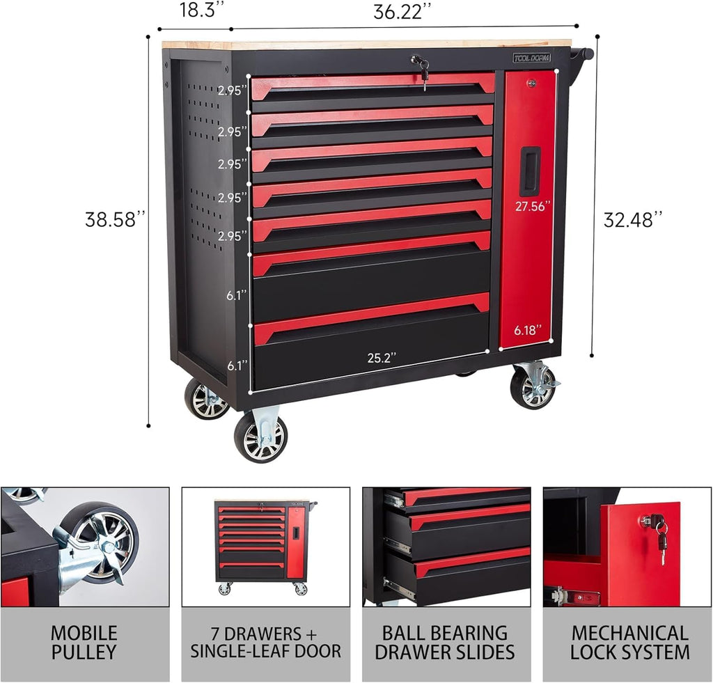 Rolling Large Tool Chest Cabinets 36.2-Inch 7 Horizontal Drawers and 1 Vertical Side Drawer 4 Wheels Workbench with Rubber Wooden Table Rolling Tool Box with Drawers and Locking System