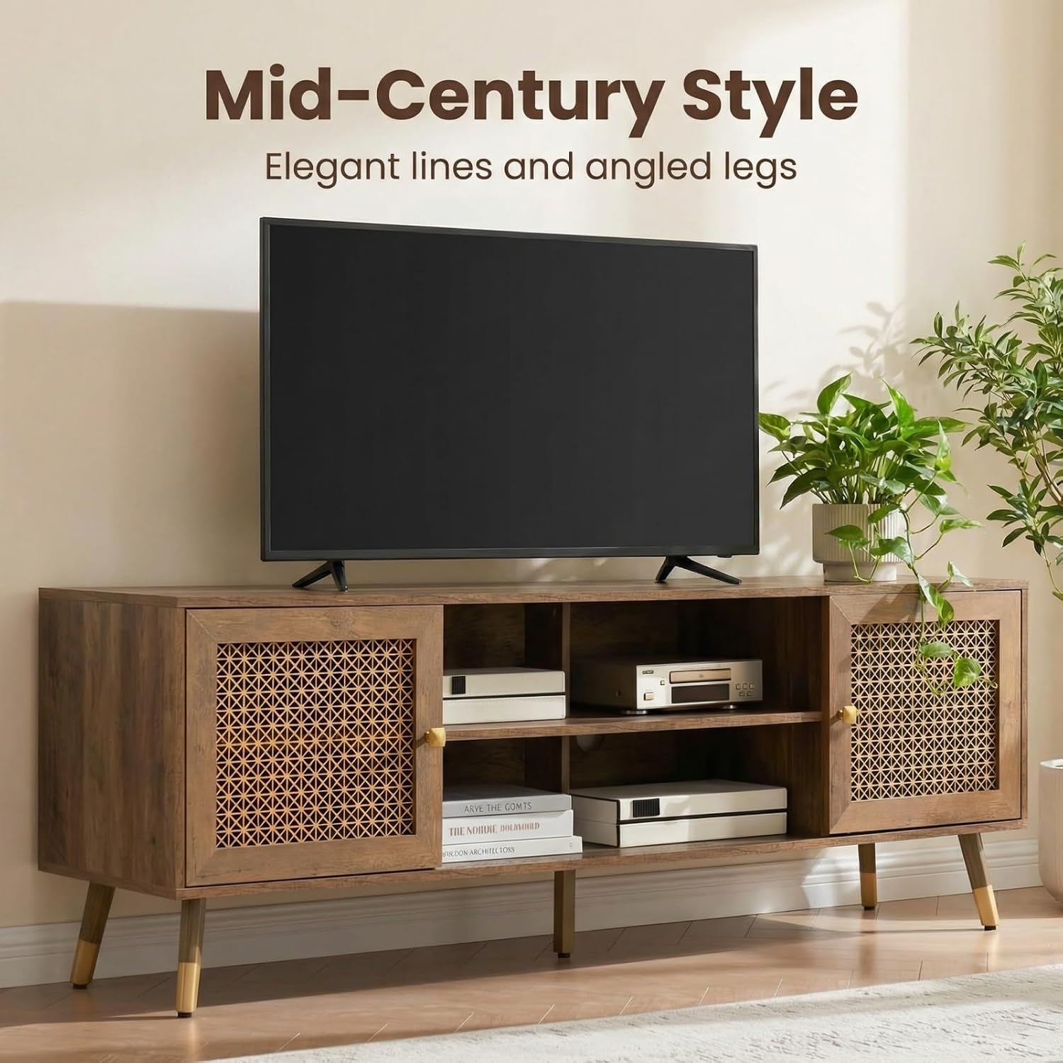 66 Inch TV Stand for 70 Inch TVs, Mid Century Modern Media Console, Long Entertainment Center with Storage Cabinet, Oak Wood Grain Finish for Rustic & Farmhoue Living Room Decor