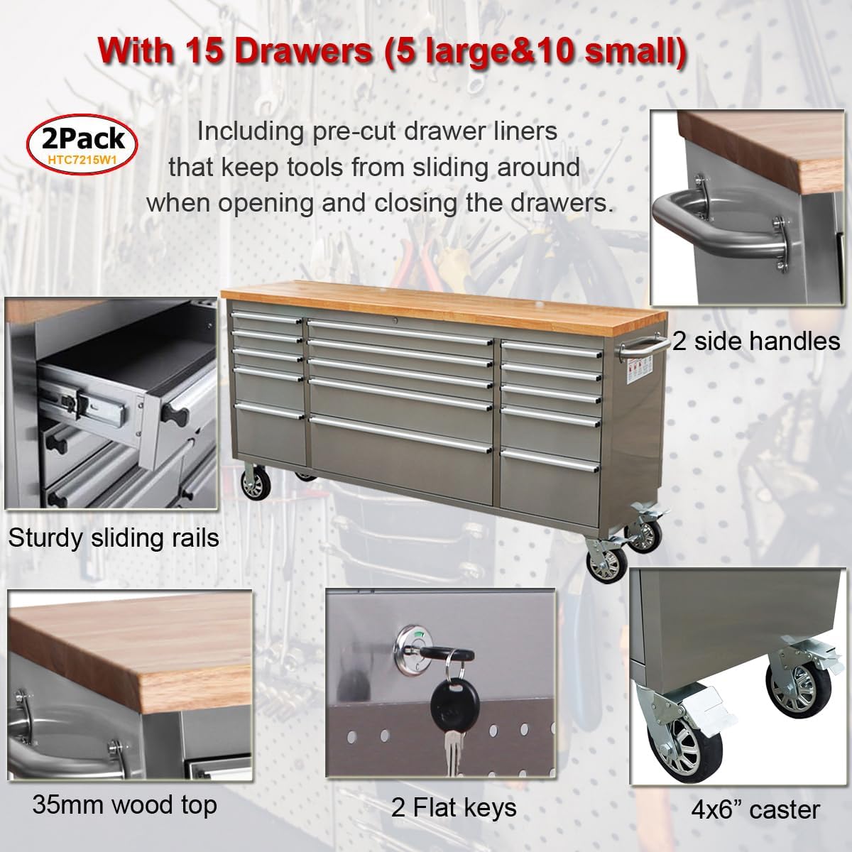 2 Pack - 72' Stainless Steel Rolling Tool Chest with 15 Drawers, Lockable Storage Cabinet, Mobile Workbench, Assembled Large Tool Box with Wheels for Garage Workshop (2 × HTC7215W1)