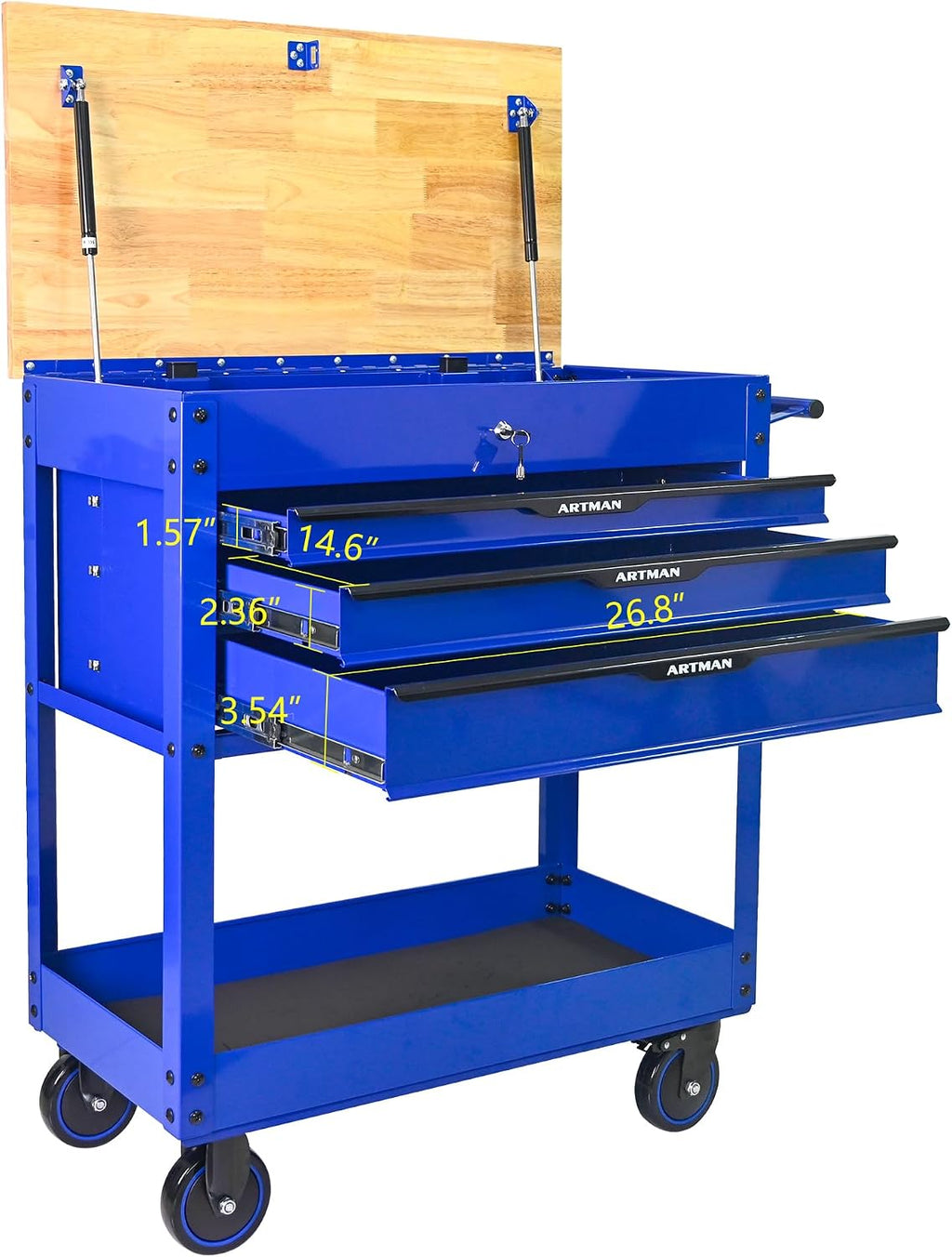 3 Drawers Tool Cart on Wheels,Tool Storage Box with Wooden Top,Drawers Rolling Tool Box Organizer Tool Case for Garage,Warehouse,Workshop,Repair Shop (3 Drawers-38.5' H-Blue&Black)
