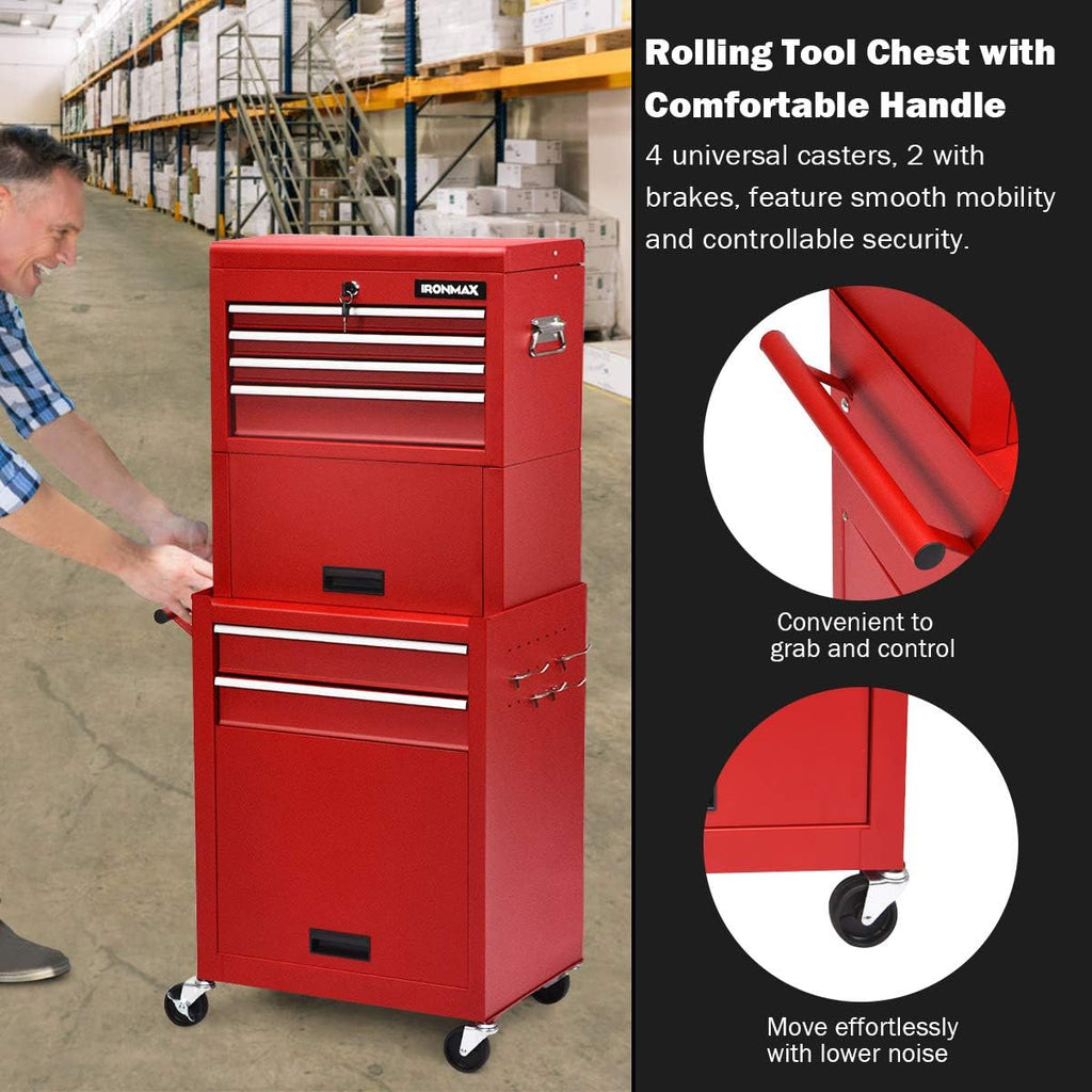 IRONMAX 6-Drawer Tool Cabinet on Wheels, Lockable 3 in 1 Heavy Duty Toolbox Organizer w/ 4 Universal Wheels & Hooks, Detachable Metal Tool Chest for Garage, Warehouse, Repair Shop (Red)