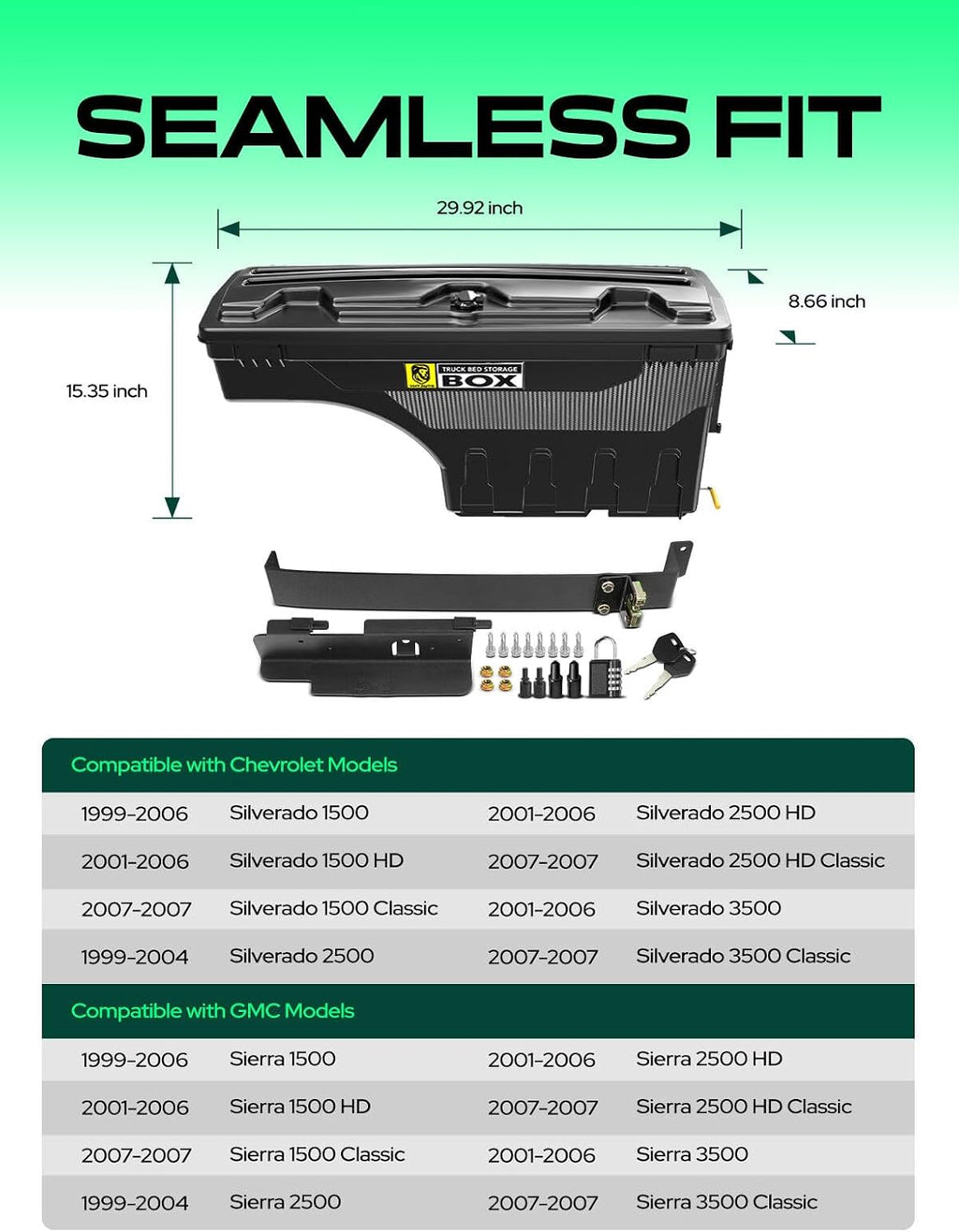 YHTAUTO Truck Bed Storage Tool Box Lockable Compatible with 1999-2007 Chevy Silverado GMC Sierra 1500/2500/3500 & HD(Fit 2007 Classic), Passenger Side, Swing Waterproof Wheel Well ToolBox