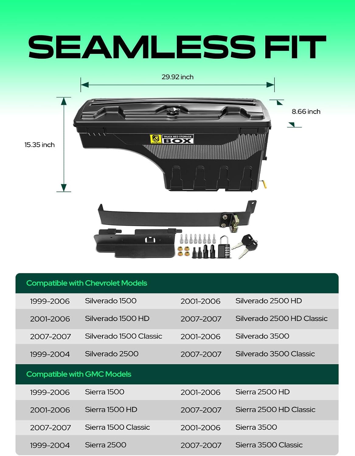 YHTAUTO Truck Bed Storage Tool Box Lockable Compatible with 1999-2007 Chevy Silverado GMC Sierra 1500/2500/3500 & HD(Fit 2007 Classic), Passenger Side, Swing Waterproof Wheel Well ToolBox